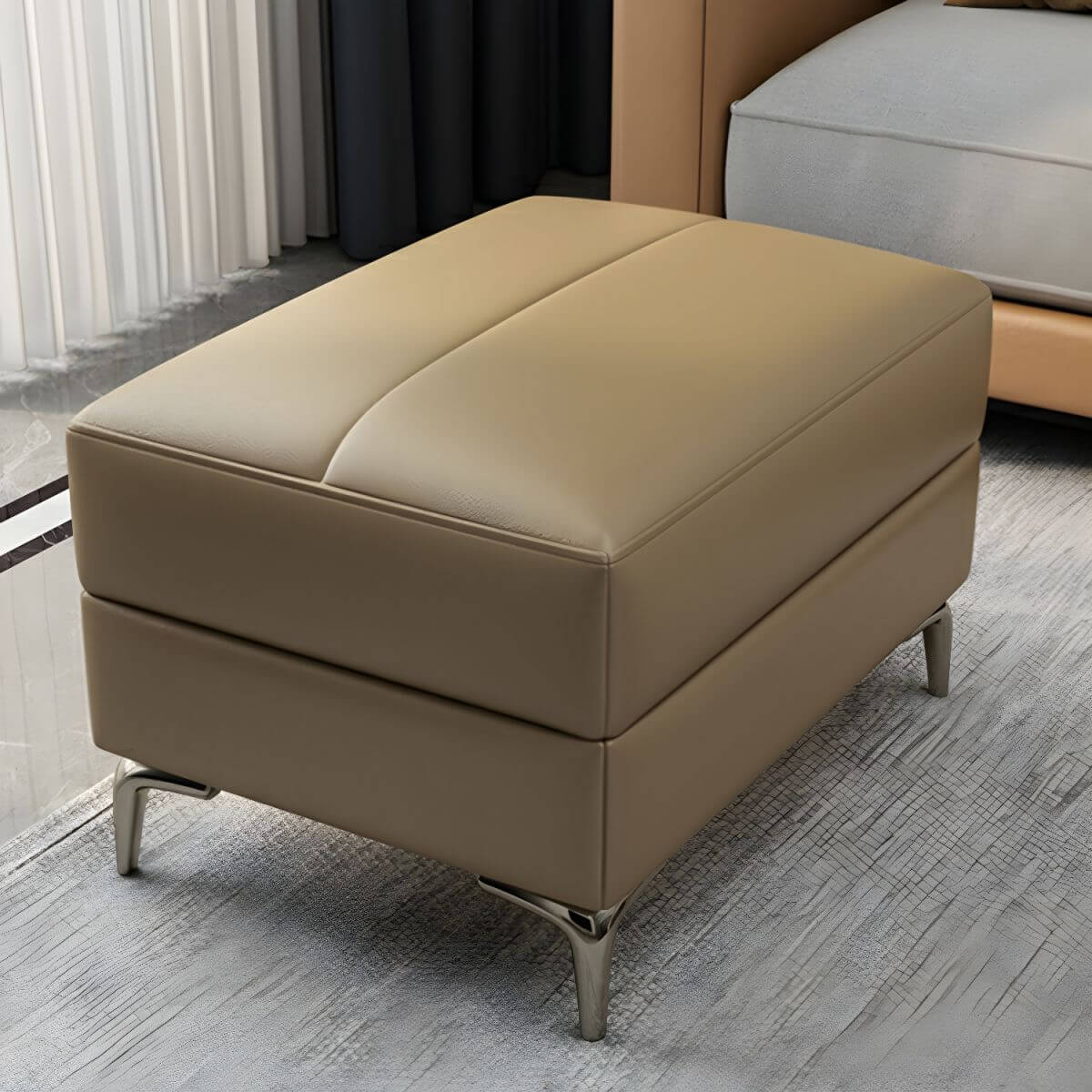 Modern Brown Leather Rectangle Ottoman with Solid Wood Frame - Perfect for Living Room, Bedroom & Home Decor