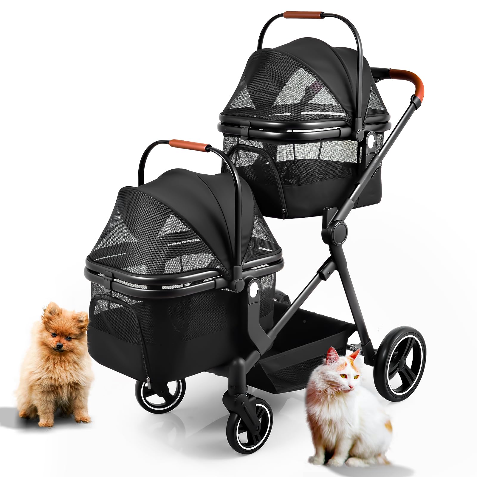 Foldable Double Pet Stroller for 2 Small & Medium Dogs & Cats - Lightweight Convertible Pet Carrier with Removable Basket | Perfect for Park Walks, Vet Visits & Traveling with Pets