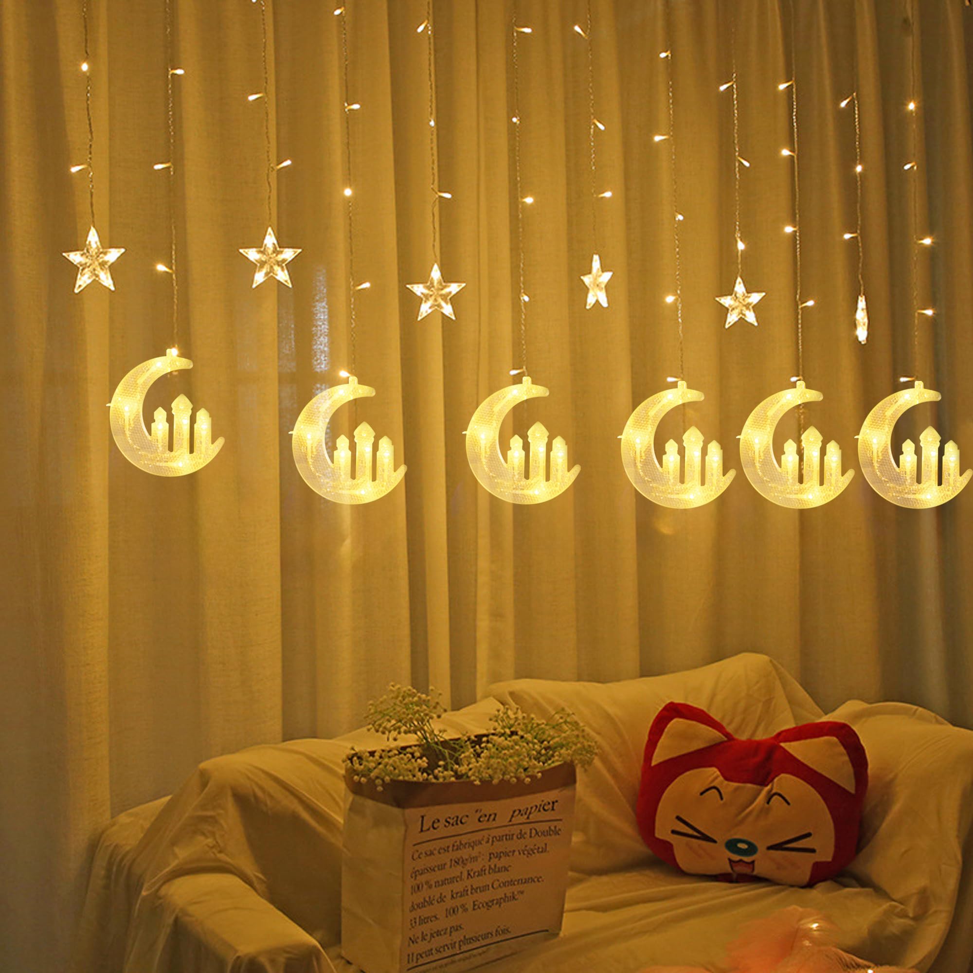 Dazzling 138 LED Moon Star & Fairy Tale Castle String Lights - 8 Lighting Modes USB Fairy Lights for Home Decor, Ramadan, Christmas, Wedding, Party, Eid - Perfect for Bedroom, Nursery, Garden & Holiday Decorations