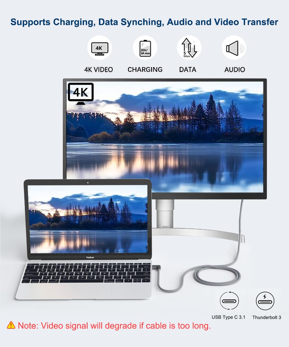 RUXELY 90 Degree USB C Extension Cable 2M - Right Angle Type C 3.1 Gen 2 10Gbps Female to Male Extender - Supports 4K 60Hz, Thunderbolt 3 & Fast Charging - Compatible with MacBook, iPhone 16/15 Pro, iPad Mini 7 - Perfect for Home Office, Gaming & Travel Charging