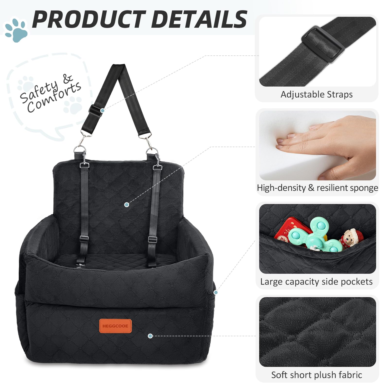 **Memory Foam Dog Booster Car Seat for Small & Medium Dogs Under 35lbs - Washable Pet Car Bed with Storage Pockets & 2 Safety Belts - Perfect for Travel, Road Trips & Daily Commutes**