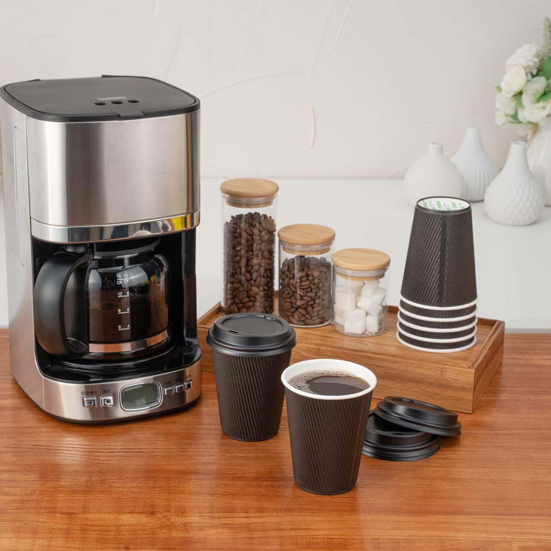 Restaurantware 8oz Insulated Coffee Cups with Lids - 20 Pack Black Ripple Wall Hot Cups | Leakproof & Non-Slip Disposable Paper Cups for Coffee, Tea, Hot Cocoa & Lattes | Perfect for Cafes, Offices & Home Use