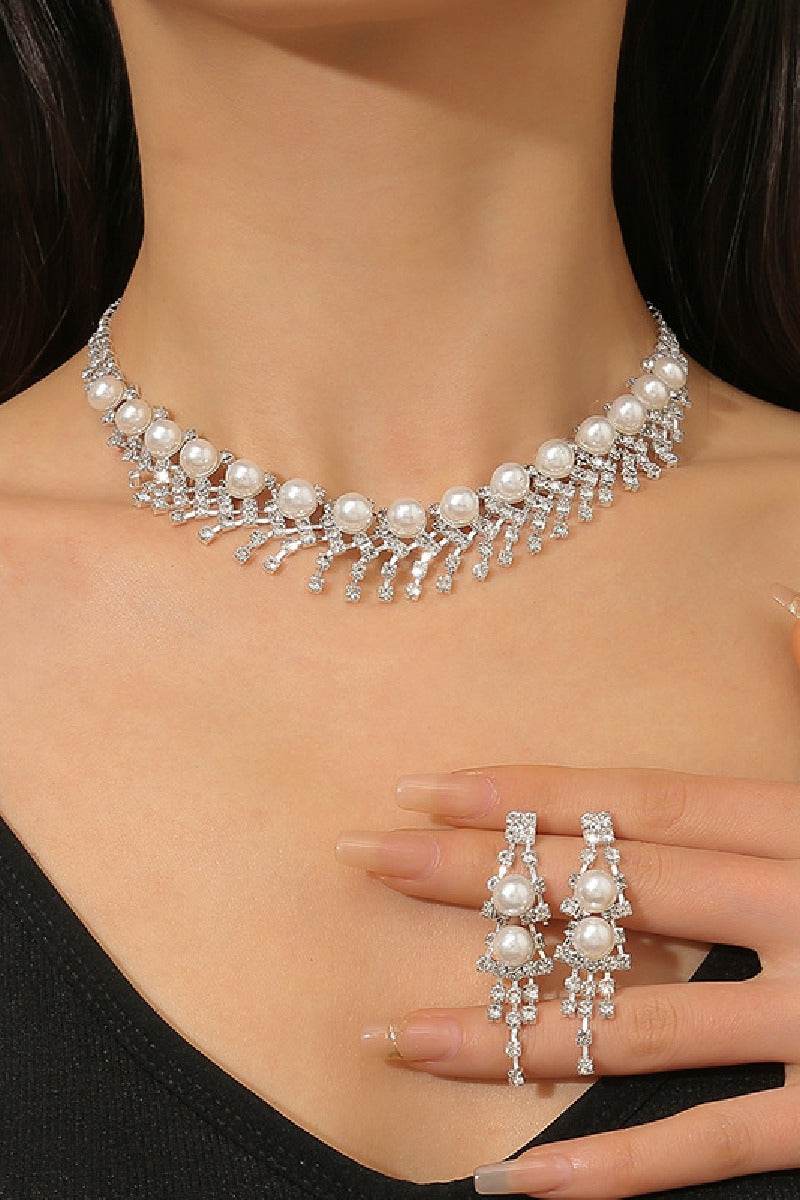 Elegant Pearl & Zircon Wedding Jewelry Set - Bridal Earrings & Necklace (2-Piece) for Brides, Bridesmaids, and Formal Occasions