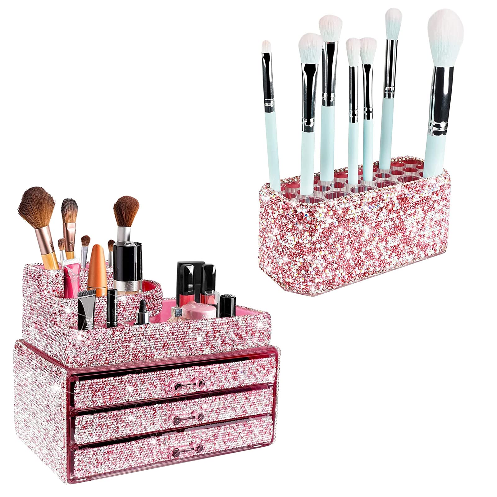 KEYPOWER Makeup Organizer with Jewelry Drawer & Brush Holder - Pink Cosmetic Storage Case for Vanity, Bathroom, and Travel | Perfect for Makeup Artists and Beauty Enthusiasts