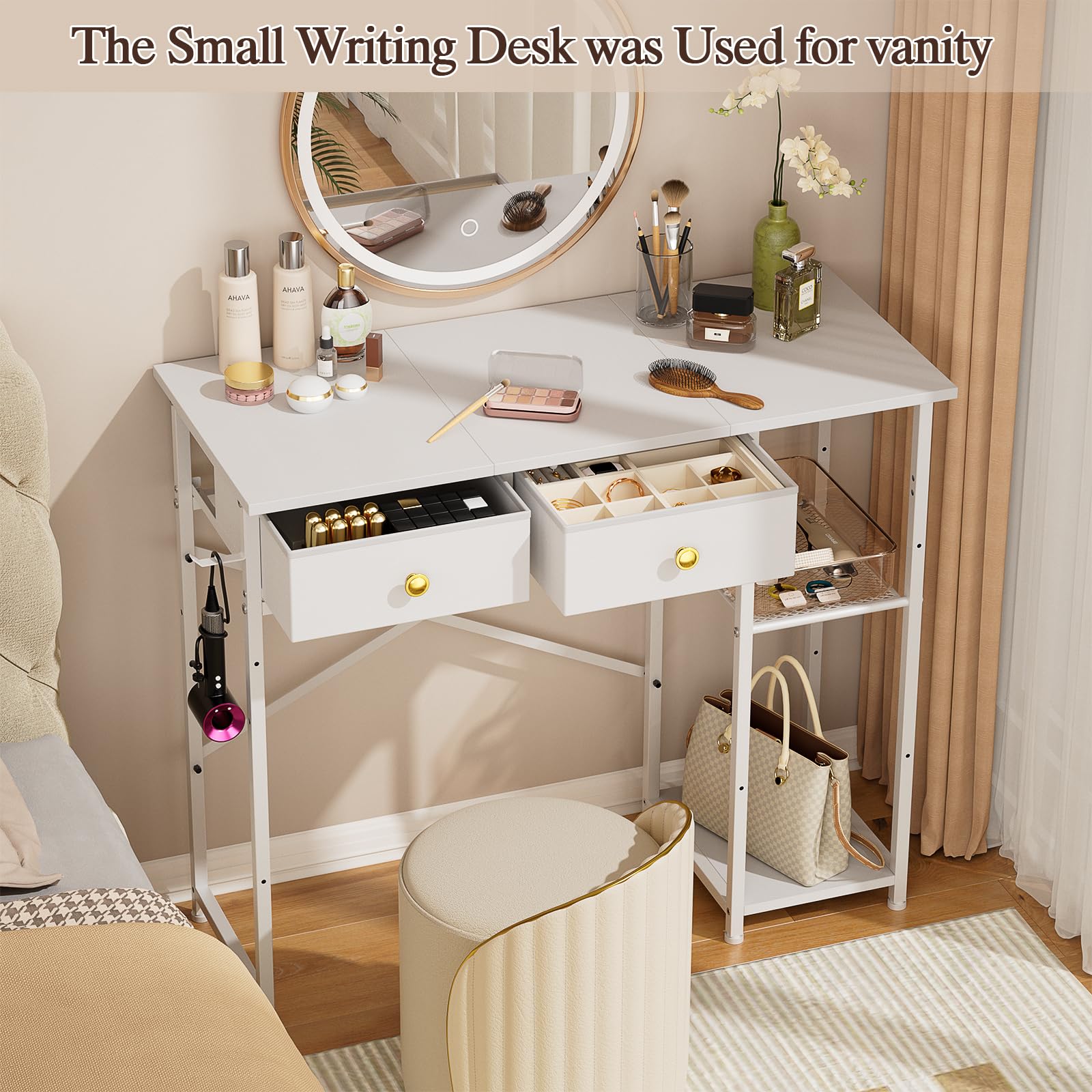 White Computer Desk 36 Inch - Small Desk with Drawers & Storage Shelves, Compact Home Office Desk for Bedroom, Living Room, Dorm | Space-Saving Vanity Desk for Small Spaces (White) - Perfect for Remote Work, Study & Makeup Station