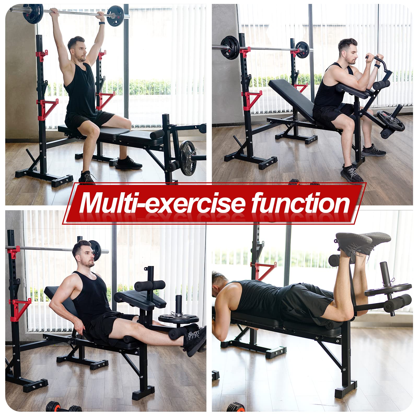 Bongkim Adjustable Weight Bench with Squat Rack - Multi-Purpose Foldable Workout Bench & Barbell Stand for Home Gym - Supports 660Lbs for Bench Press, Strength Training & Full-Body Exercises