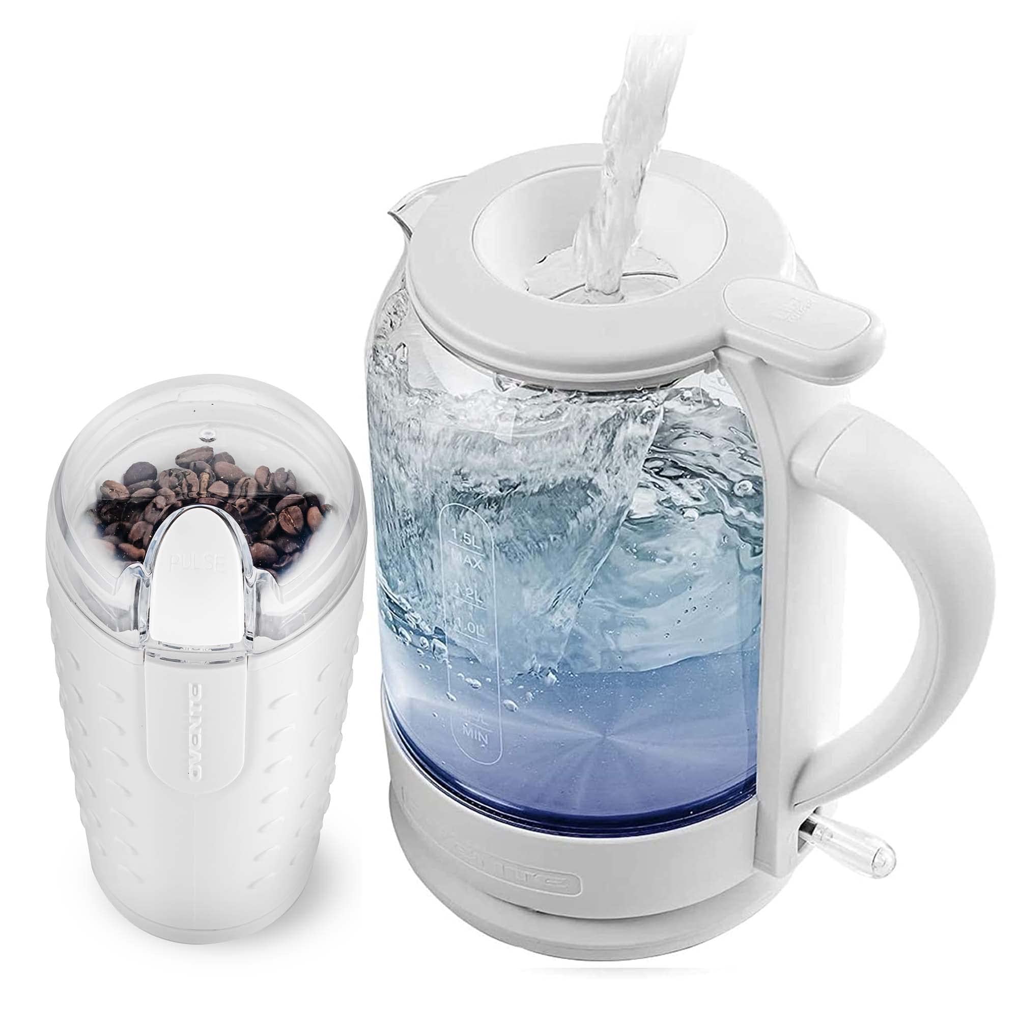 Ovente 2-in-1 Electric Coffee Maker Set - 1.5L Glass Kettle with ProntoFill Technology & 2.5oz Electric Grinder for Coffee Beans, Spices, Herbs - White | Perfect for Home Brewing, Kitchen Use & Gift Giving