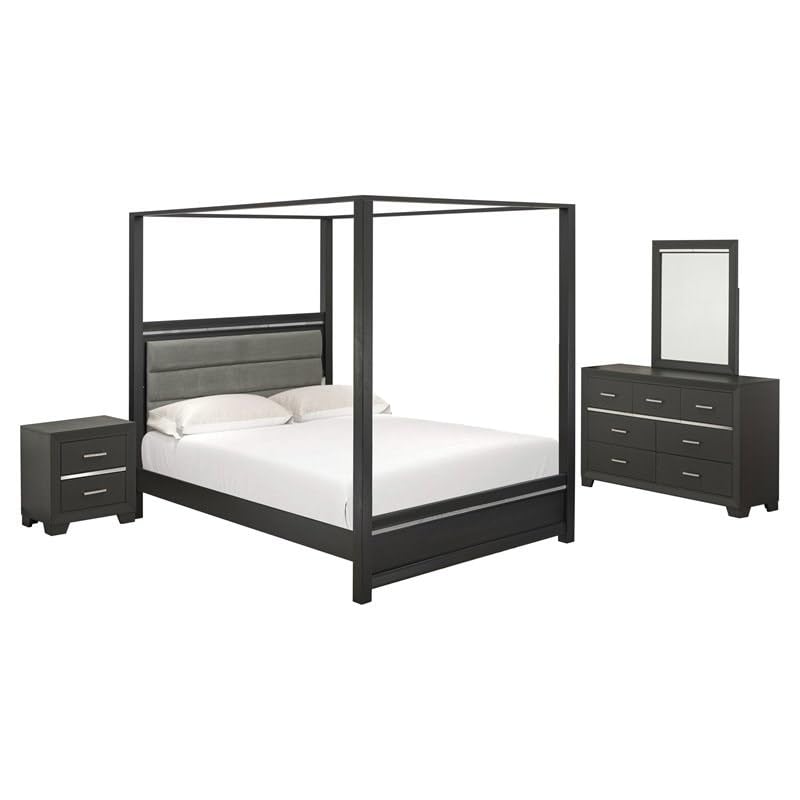 Liveasy 4-Piece Queen Bedroom Set - Canopy Queen Bed Frame, Dresser, Mirror & Nightstand in Grey - Complete Luxury Bedroom Furniture Suite for Master Bedroom or Guest Room