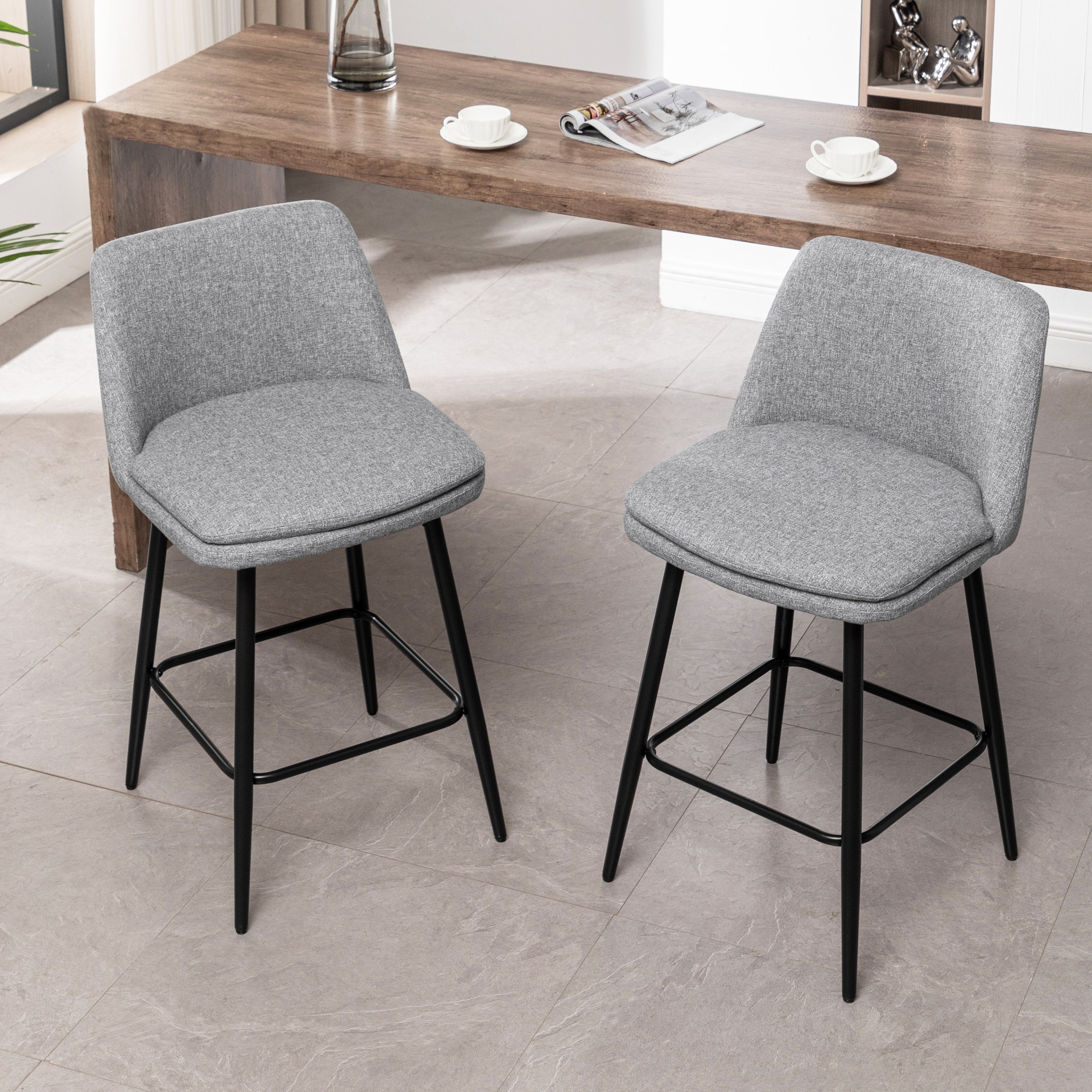 360° Swivel Counter Height Bar Stools Set of 2 - Upholstered with Back Support & Sturdy Metal Legs, 25.6