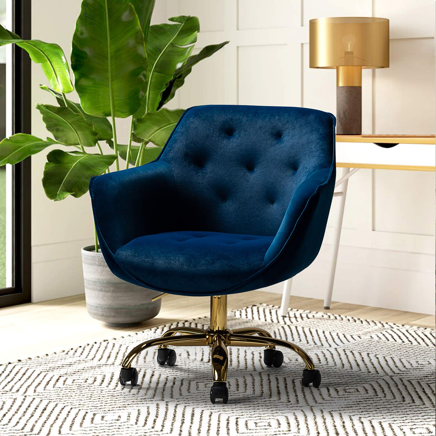 HULALA HOME Velvet Office Chair with Gold Base - Modern Mid-Back Desk Chair, Adjustable Swivel Task Chair for Bedroom, Living Room, Study - Navy Blue | Ergonomic Comfort for Home Office & Workspace