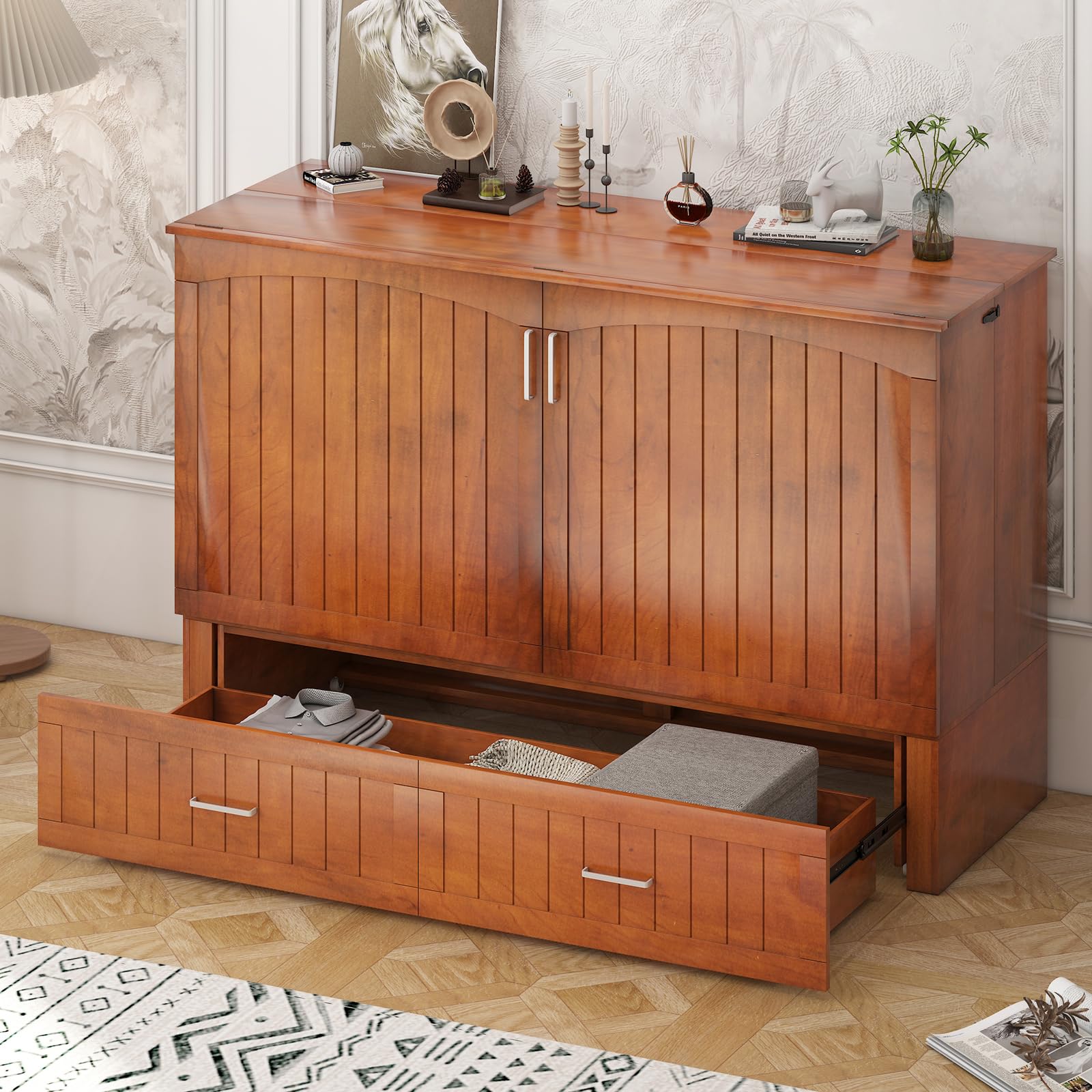 Mjkone Queen Murphy Bed with USB Charging Ports | Modern Wall Bed Cabinet with Tri-Fold Mattress | Space-Saving Hideaway Bed with 2 Storage Drawers | Perfect for Small Bedrooms, Guest Rooms & Home Offices (Cherry Wood Finish) | Ideal for Studio Apartments, Vacation Homes & Multi-Purpose Rooms