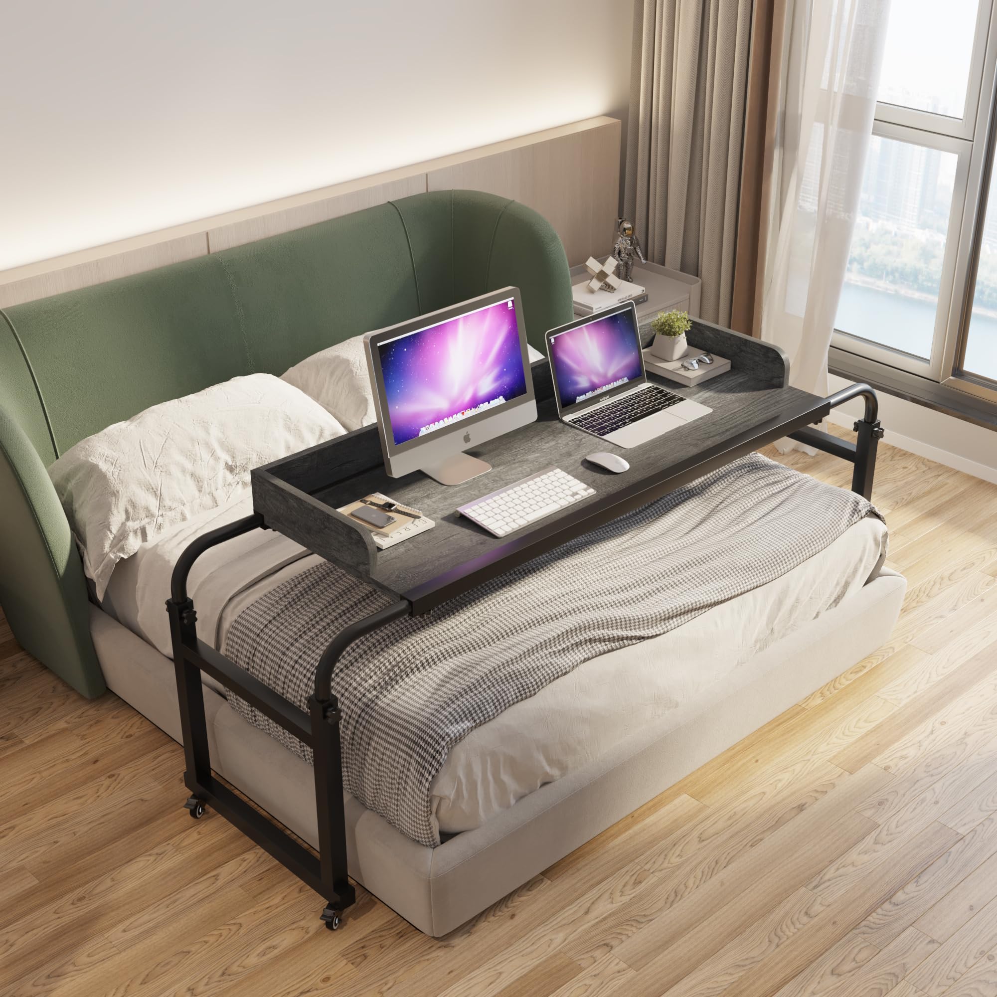TigerDad Adjustable Overbed Table with Wheels - Rolling Laptop Desk for Hospital, Bedroom & Office - Fits King & Queen Beds - Portable Workstation (Gray, Model QQ-950) - Perfect for Eating, Working, Reading in Bed or Recovery Use