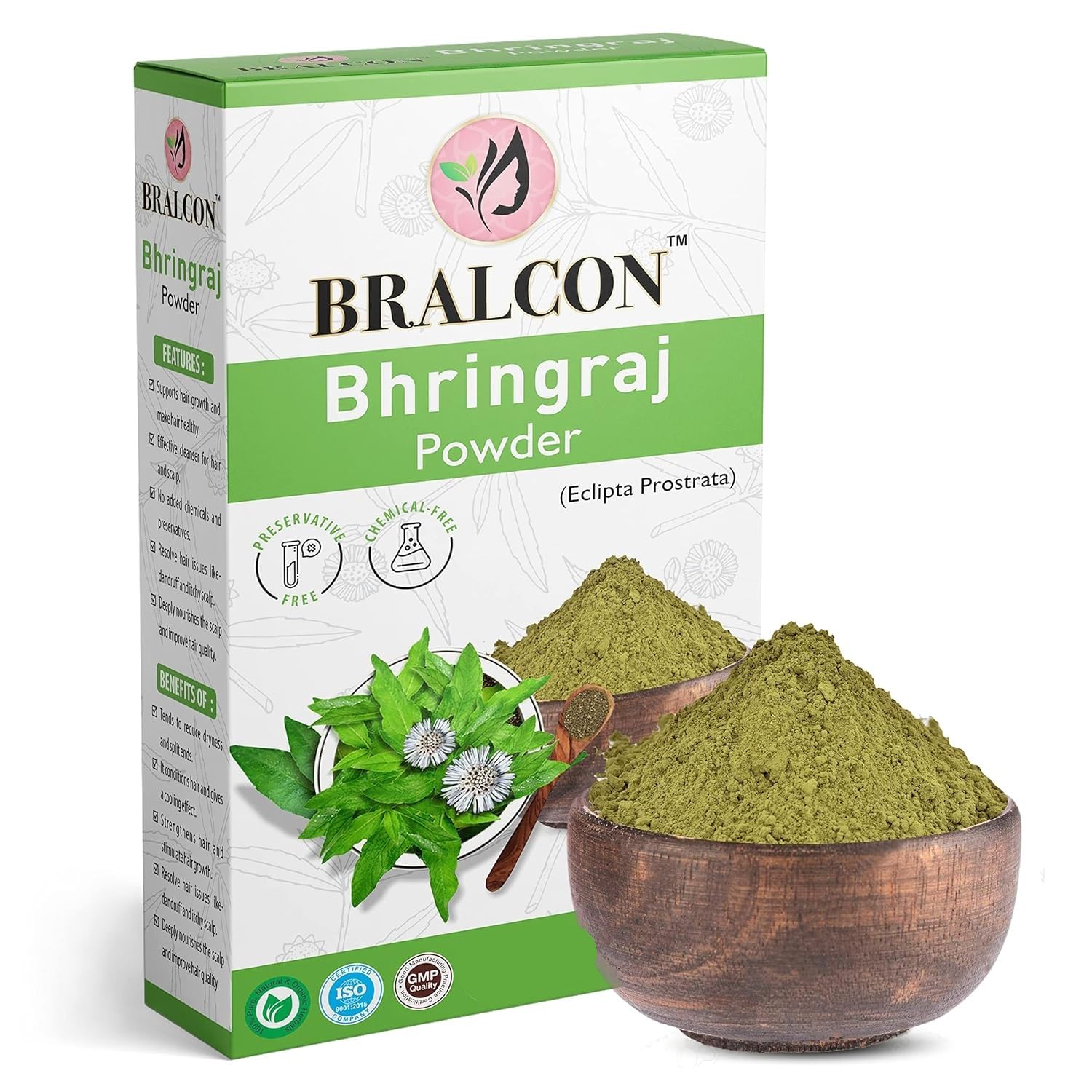 BRALCON Organic Bhringraj Powder 100g | 100% Pure Natural Eclipta Prostrata Powder for Hair Growth & Skin Care | Ayurvedic Hair Treatment | Promotes Healthy Scalp & Stronger Hair | Perfect for DIY Hair Masks & Natural Beauty Routines