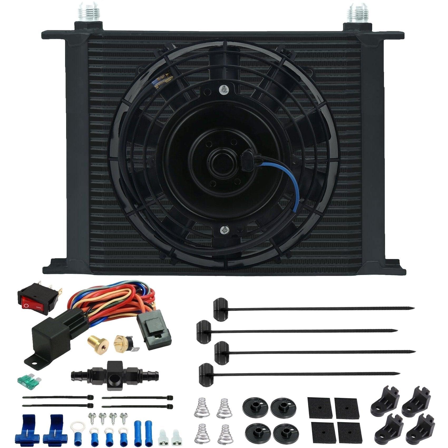30 Row Transmission Oil Cooler with Electric Fan & Thermostat Switch - Universal Hose Adapter for Improved Cooling Performance - Perfect for Off-Road, Towing & High-Performance Vehicles