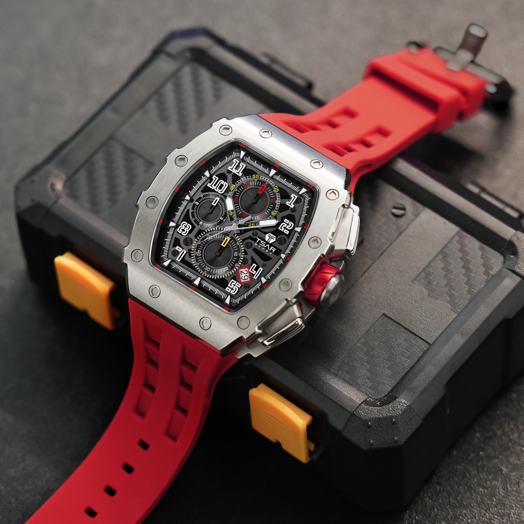 Luxury Men's Watch - 50M Waterproof Tonneau Chronograph with Japanese Quartz Movement & Silicone Band - Perfect for Business, Casual Wear & Gifts