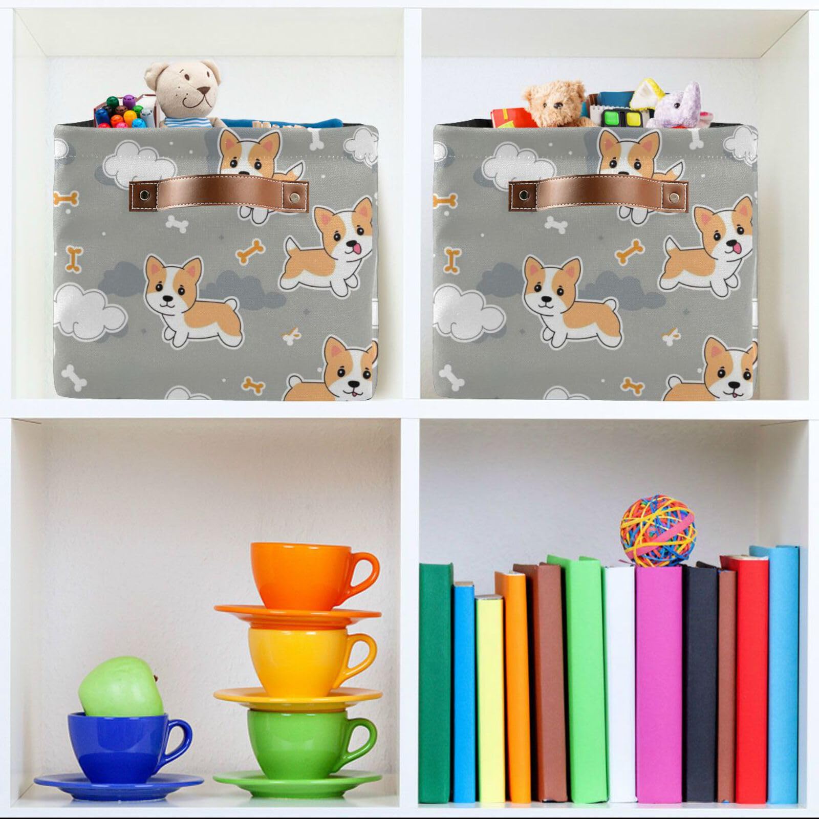 2-Pack Large Square Cartoon Dog Storage Baskets with Handles, Foldable Multi-Purpose Closet Organizer for Toys, Books & Clothes - Perfect for Kids' Room, Nursery & Home Organization