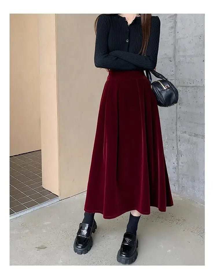 2024 Women's Vintage Red Velvet A-Line Skirt - High Waist Elegant Pleated Swing Skirt for Autumn Winter Warmth | Perfect for Casual Wear, Parties & Office Outfits