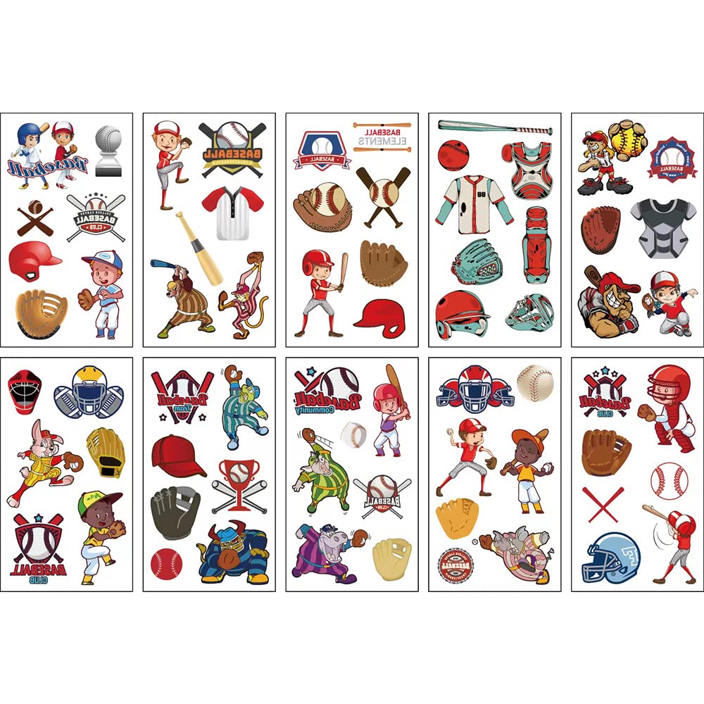 10 Sheets Baseball Temporary Tattoos - Waterproof Fake Tattoo Stickers for Kids, Boys & Girls - Perfect for Sports Parties, Birthday Decorations & Team Events