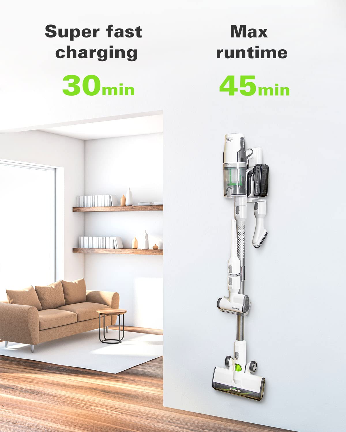 Greenworks 24V Brushless Cordless Stick Vacuum Cleaner - 500W Powerful Suction, Ultra Lightweight Design with LED Lights, Includes 4Ah USB-C Battery & 30-Min Fast Charger (White) - Perfect for Hardwood Floors, Carpets, Pet Hair, and Quick Home Cleaning