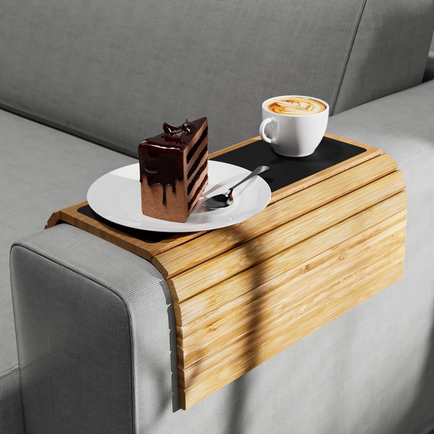 Foldable Bamboo Sofa Armrest Tray - Portable Couch Arm Table Caddy for Snacks, Drinks, Remote & Cups | Sturdy Bamboo Design | Perfect for Living Room, Bedroom & Home Theater Relaxation