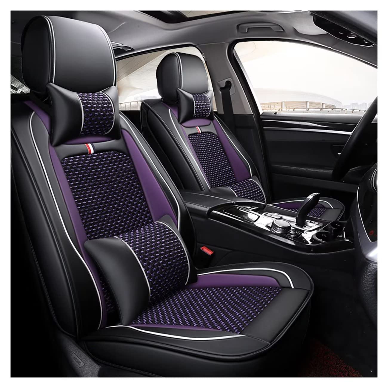 Premium Purple Leather Car Seat Covers Full Set with Pillows - Universal Front & Rear Seat Protectors for Men & Women - Luxury Car Interior Accessories for Sedans, SUVs & Trucks - Perfect for Commuting, Road Trips & Family Protection