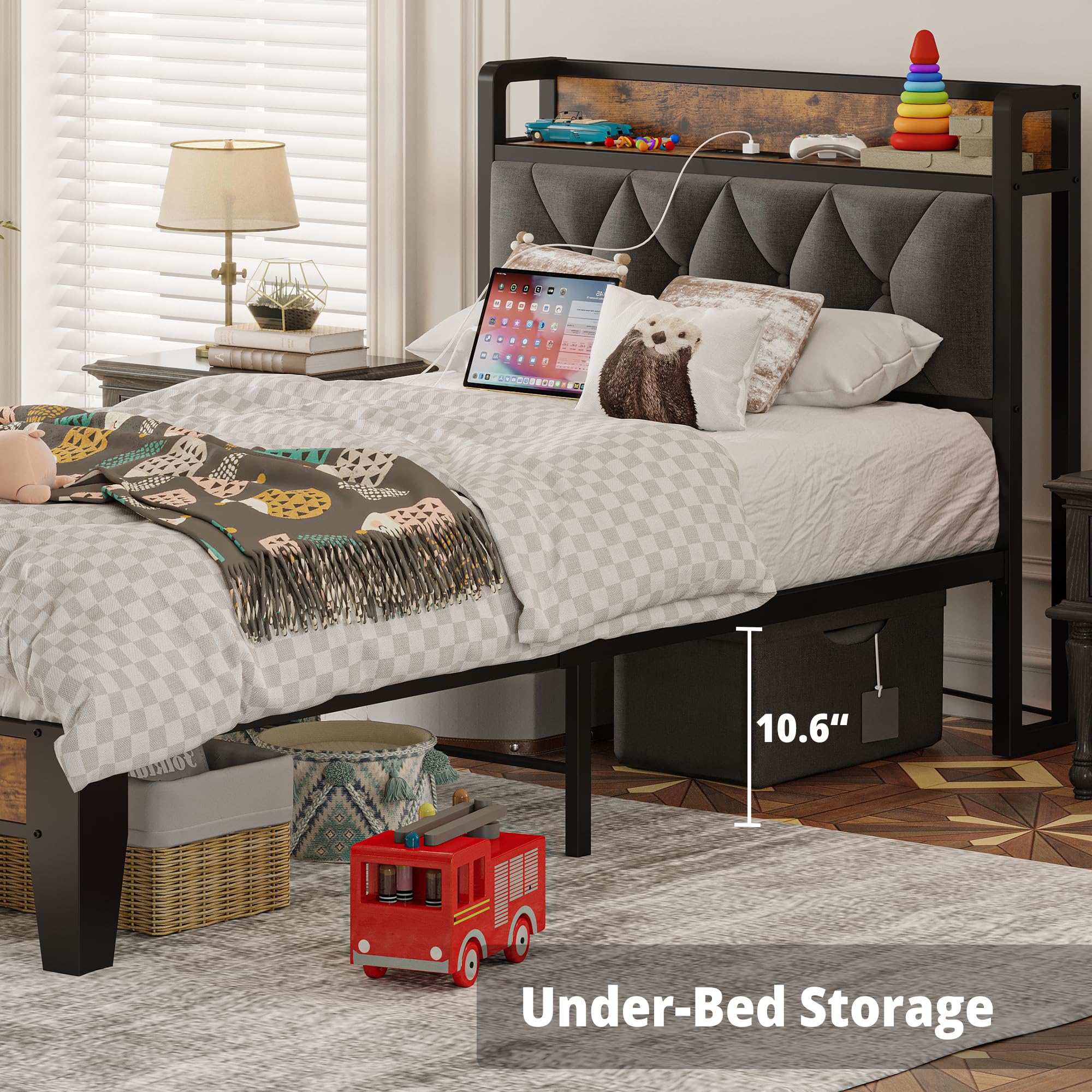 ANCTOR Twin Bed Frame with Storage Headboard & USB Outlets - Easy Assembly, Sturdy Metal Platform Bed, Quiet & No Box Spring Needed - Ideal for Small Bedrooms, Guest Rooms & College Dorms