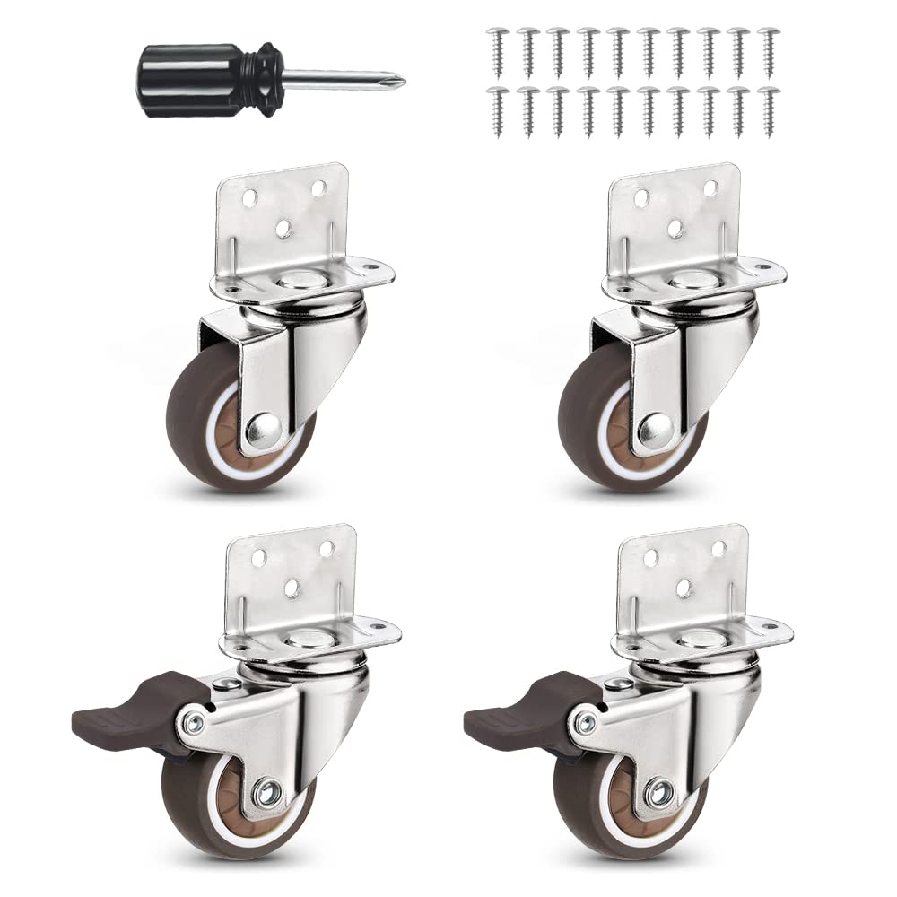 Heavy Duty L-Shape Side Mount Caster Wheels Set of 4 with Brake - 80 lbs Capacity, TPR Plate Replacement for Baby Bed, Furniture, Kitchen Cabinet, Table & Carts - Perfect for Home, Office & Industrial Use