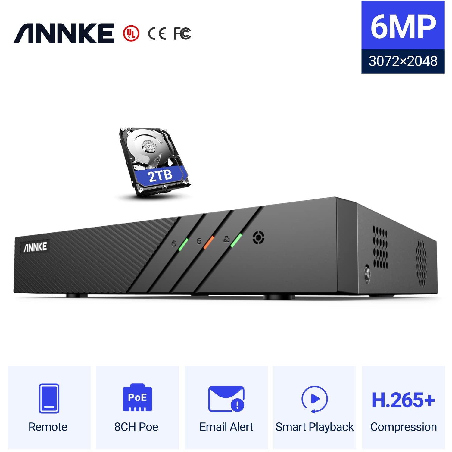 **ANNKE 6MP PoE NVR with 2TB HDD - 8CH H.265+ Surveillance System for 24/7 Recording | Supports 8x 6MP/5MP/4MP/1080P IP Cameras | Power Over Ethernet & Remote Access | Ideal for Home & Business Security**