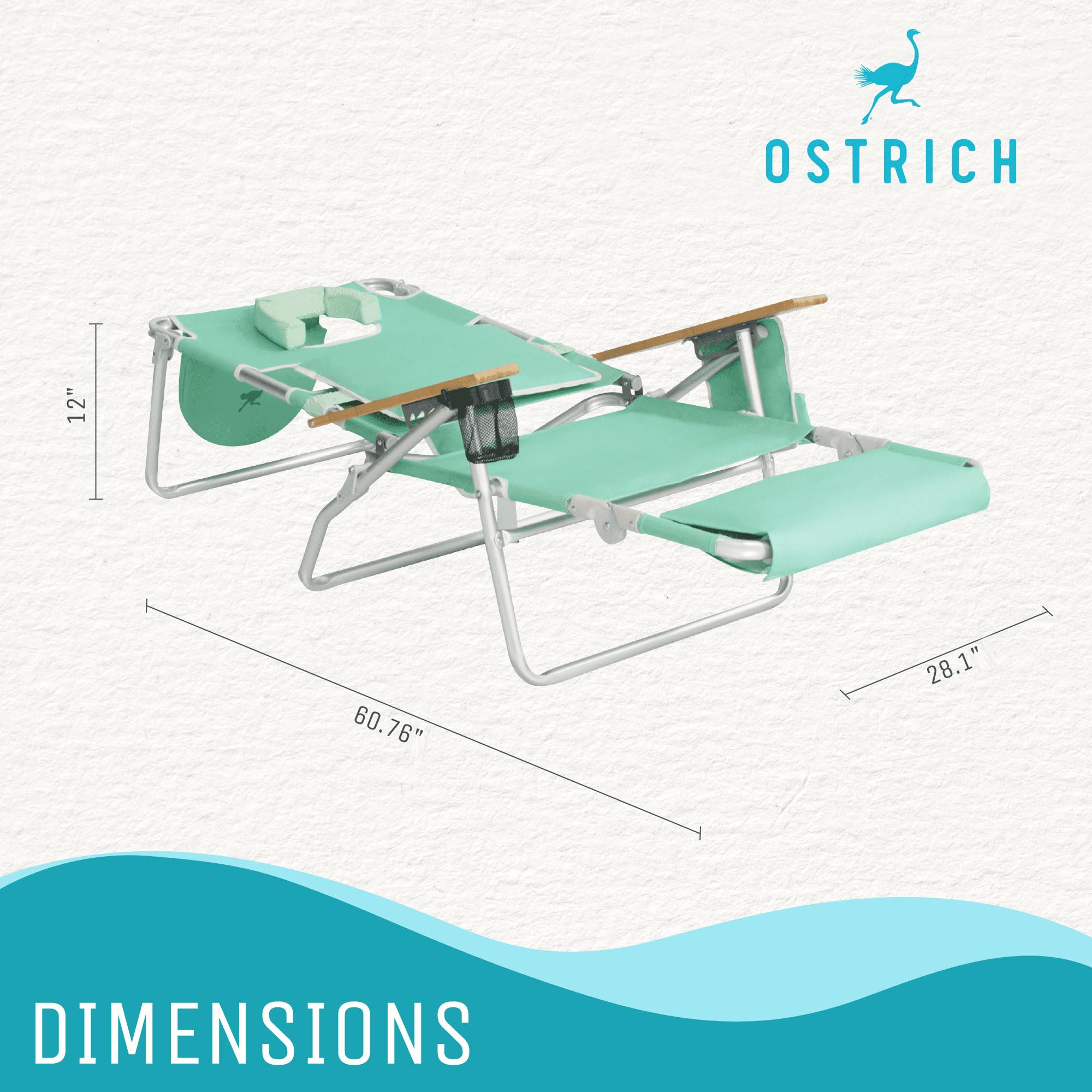 Premium Ostrich Deluxe Reclining Lounge Chair - 3-in-1 Adjustable Folding Outdoor Beach Lounger with Cup Holder, Teal Blue - Perfect for Poolside, Backyard, Patio & Beach Relaxation