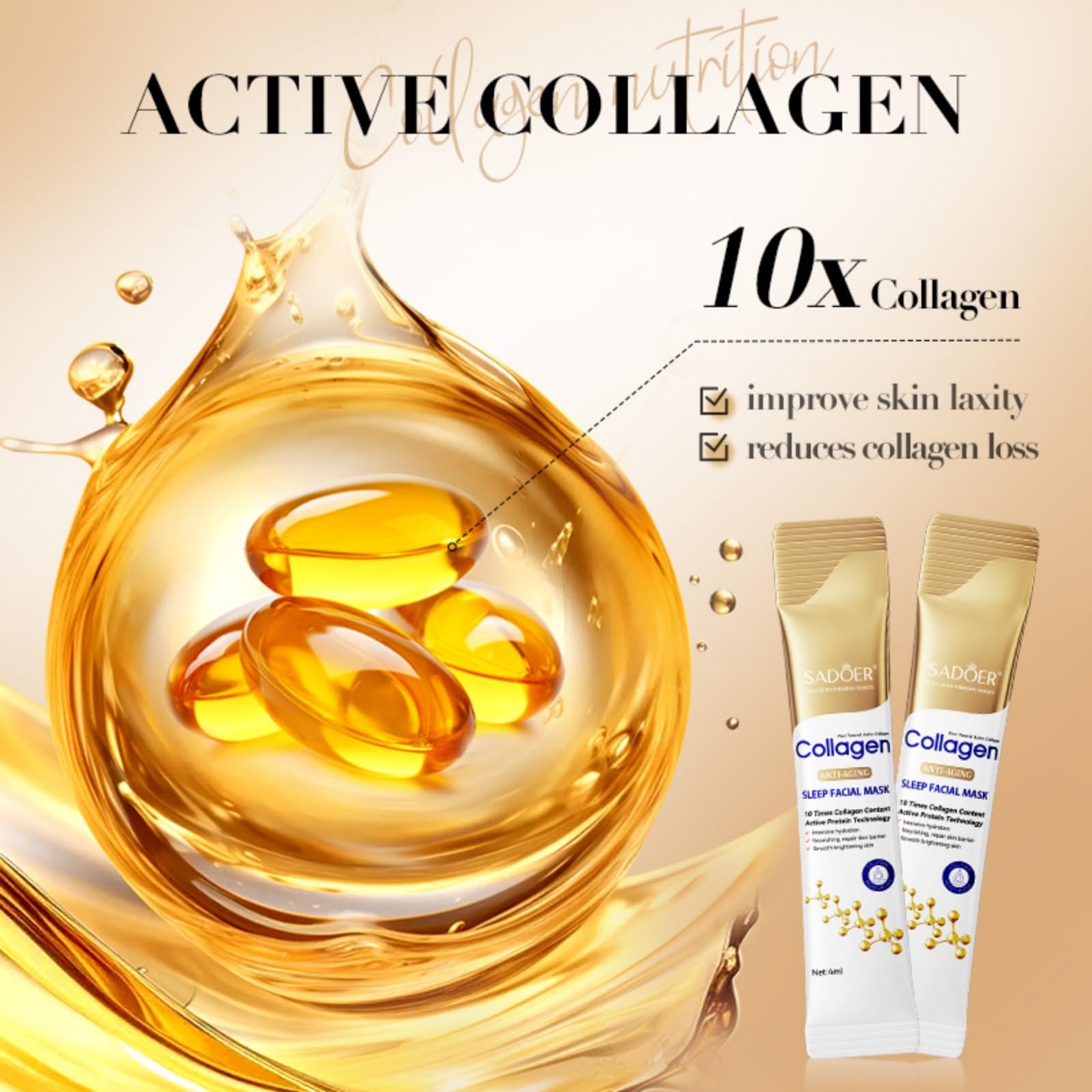 Premium Collagen Anti-Aging Sleep Facial Mask - 10X Collagen Boost (0.13 fl oz x 20 Sheets) | Overnight Hydration & Wrinkle Reduction for Glowing Skin | Perfect for Nighttime Skincare Routine & Self-Care