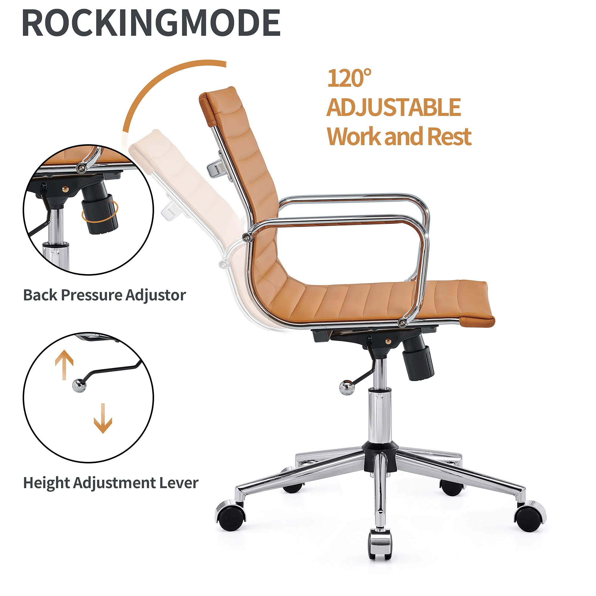 Ergonomic Leather Office Chair - Modern Swivel Executive Desk Chair with Ribbed Design for Home Office & Conference Room | Comfortable Rolling Task Chair for Computer Work & Long Hours Sitting