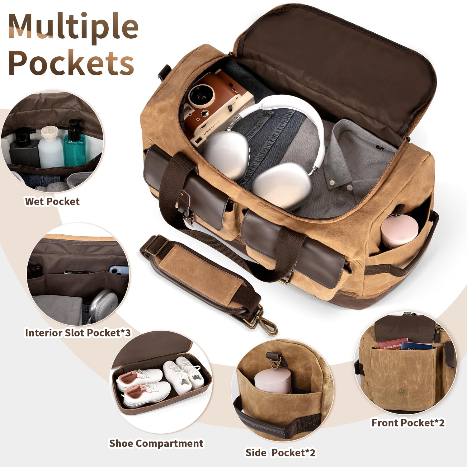 ETRONIK Vintage Waterproof Canvas Leather Travel Duffle Bag for Men - Weekender Overnight Carry-on Luggage with Wet Pocket & Shoe Compartment, Adjustable Strap - Perfect for Airplane Travel, Gym, Camping & Weekend Getaways