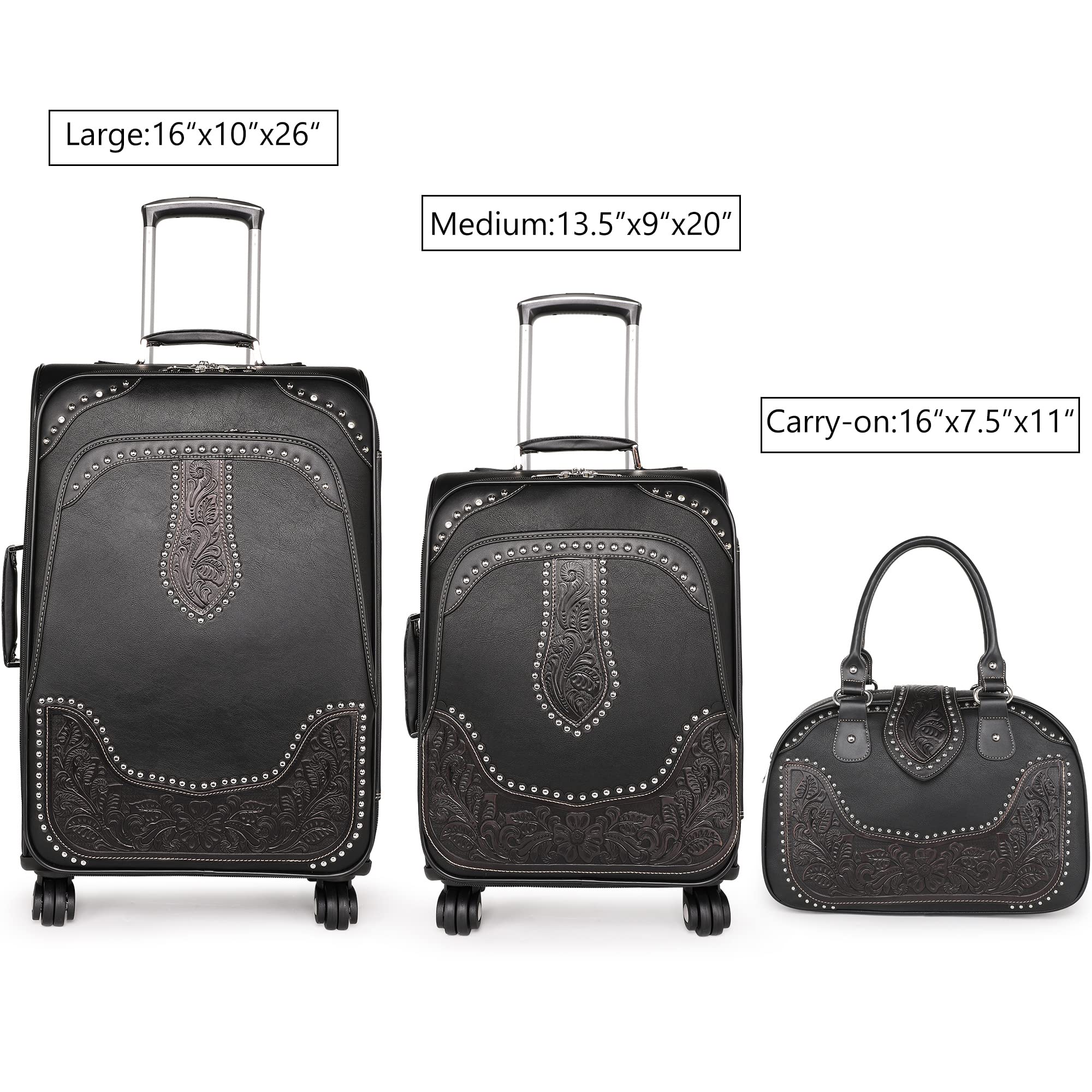 Montana West Western Tooled 3-Piece Luggage Set - Vegan Leather Embossed Suitcase with Spinner Wheels, Carry-On & Duffle Bag for Travel (Black) - Perfect for Business Trips, Vacations & Airplane Carry-Ons