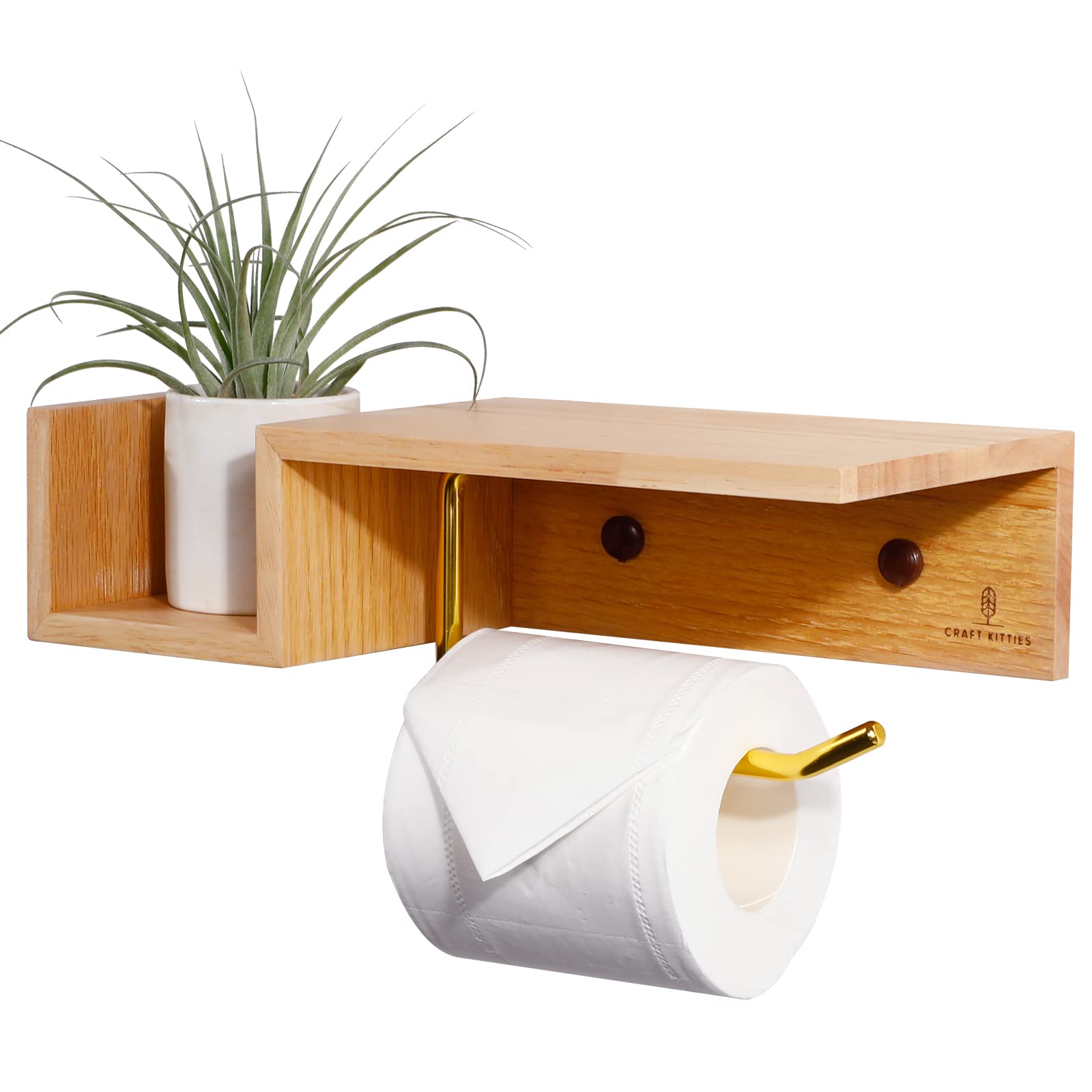 Red Oak Wood Toilet Paper Holder with Shelf - Wall Mounted Bathroom Storage Organizer for Toilet Rolls, Tissues & Bath Essentials - Rustic Farmhouse Decor for Powder Rooms & Guest Baths