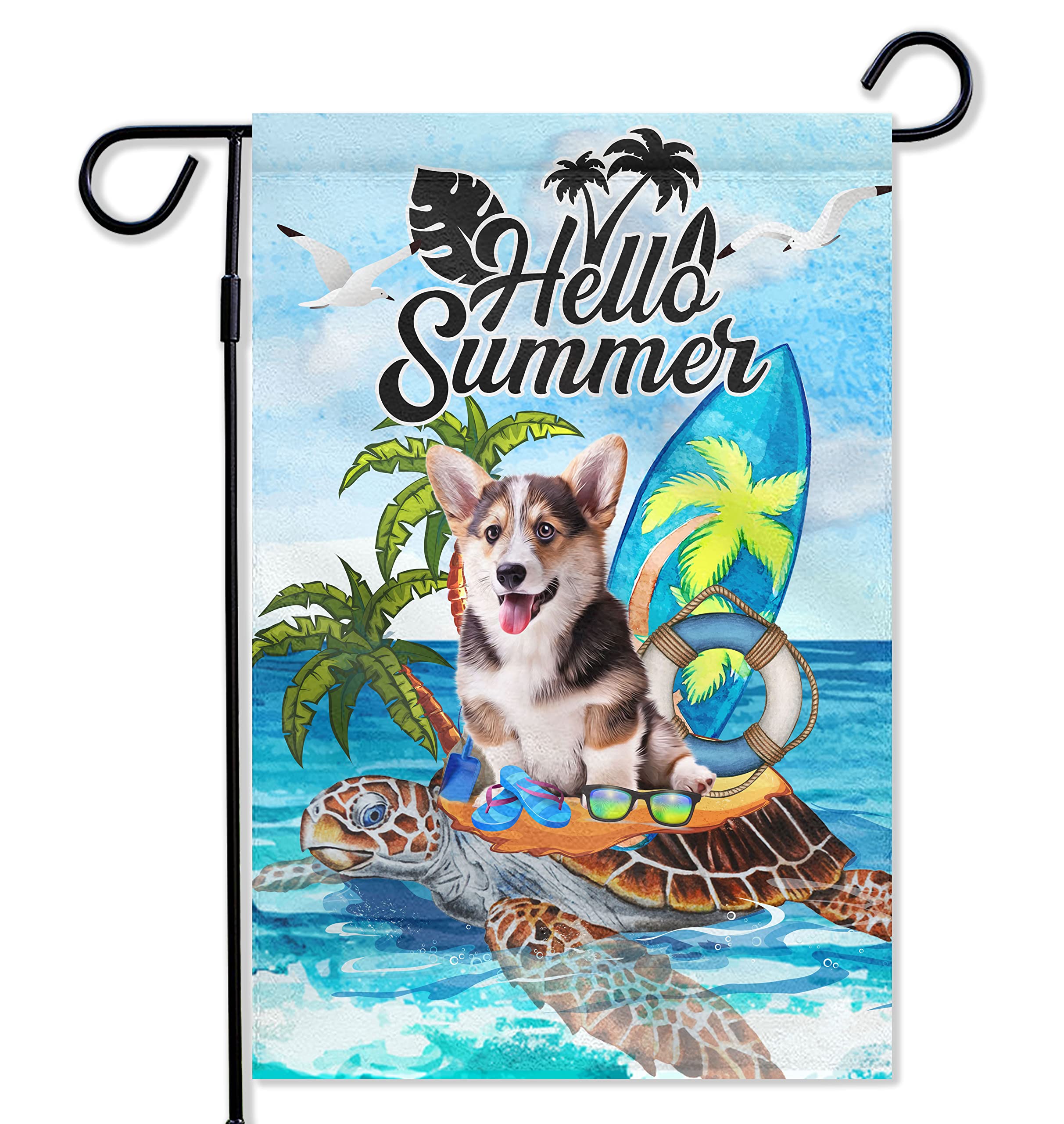 Double Sided 12x18 Inch Pembroke Welsh Corgi & Turtle Summer Welcome Garden Flag - Tropical Ocean Themed Outdoor Yard Decoration for Coastal Homes, Housewarming Gift | Perfect for Porch, Lawn & Beach House Decor