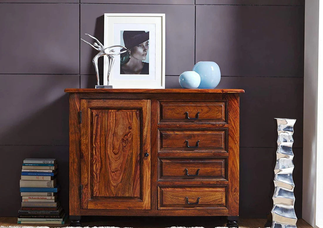 Gfine Solid Sheesham Wood Sideboard - Single Door & 4 Drawers, 45x90x115cm - Perfect for Living Room, Dining Room & Entryway Storage
