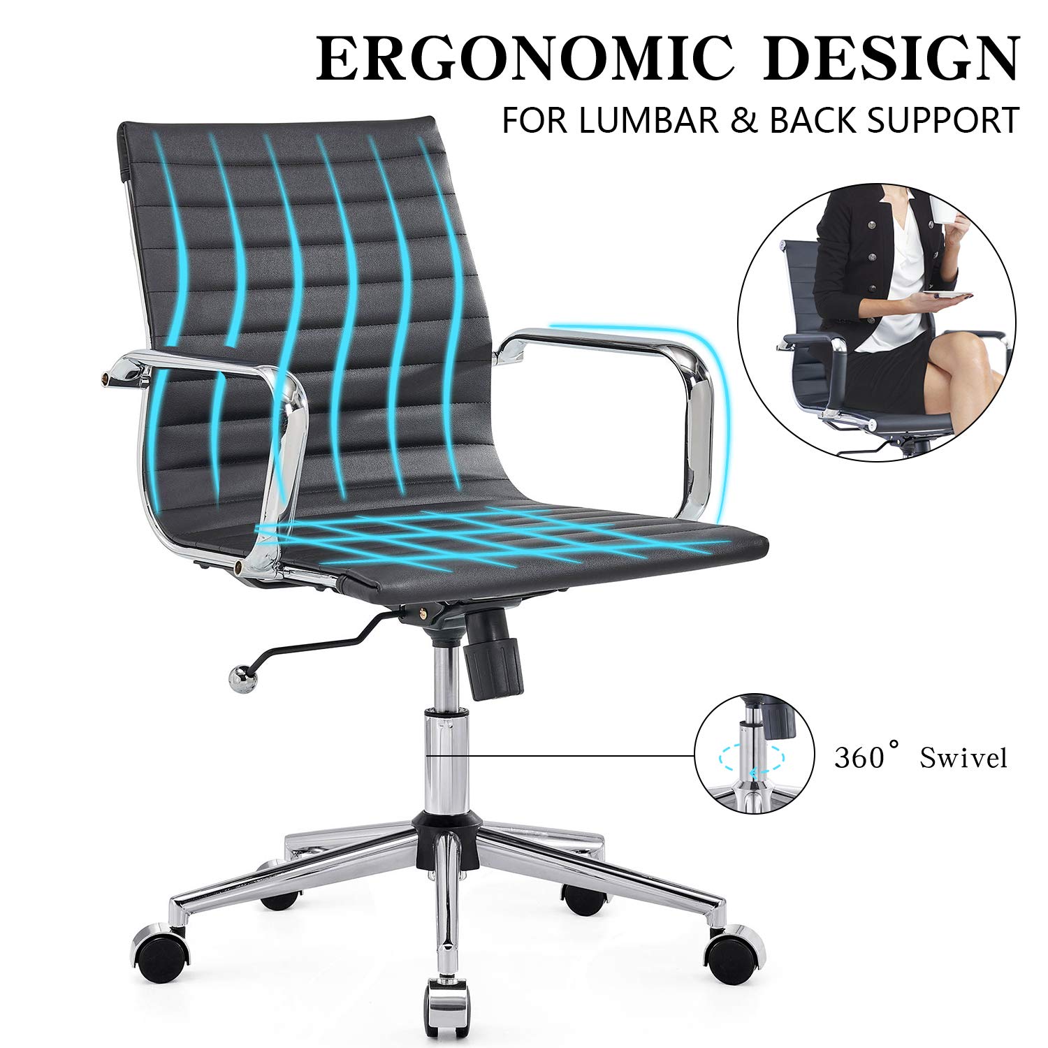 Ergonomic Adjustable Leather Office Chair - Black Executive Swivel Desk Chair with Ribbed Back for Home & Office Use - Perfect for Long Hours of Work, Gaming, or Studying