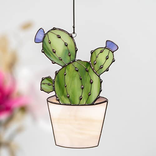 Handmade Stained Glass Suncatcher - Authentic Cactus Window Hanging for Home Decor | Unique Indoor Ornament & Outdoor Garden Decoration | Perfect for Living Room, Bedroom, Patio, and Gift Giving