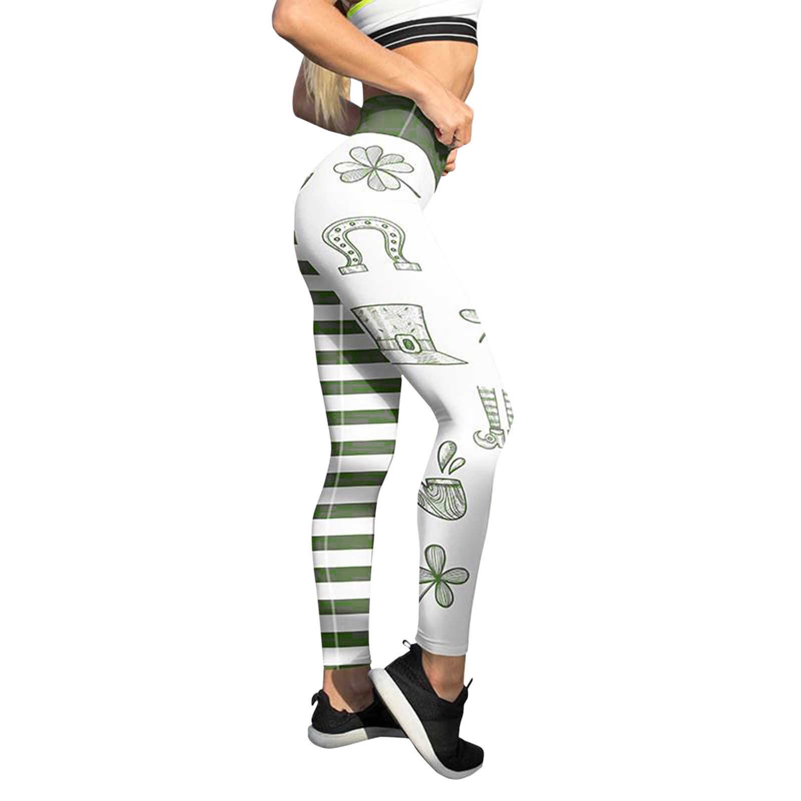 Littleice Women's High Waisted Yoga Pants - Green Skinny Leggings with Lucky Paddy Stripes Print - Comfortable Workout Pants for Running, Pilates & Yoga (White, Small) - Perfect for Gym, Home Workouts & Lounge Wear