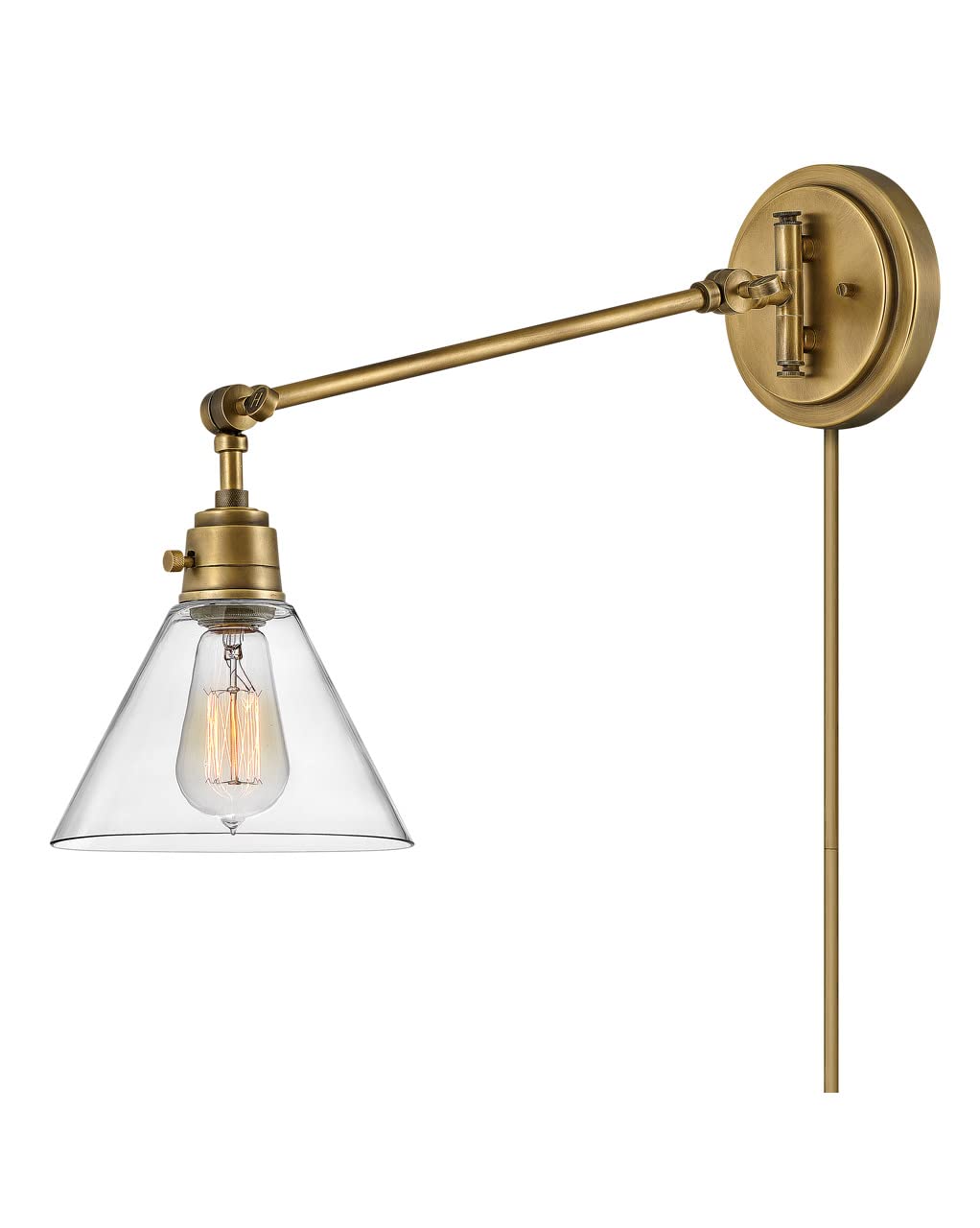 Hinkley Arti 3690HB-CL Medium Articulating Single Light Wall Sconce with On/Off Switch - Adjustable Brass Wall Lamp with Removable Fabric Cord & Clear Glass Shade - Perfect for Bedroom, Hallway, and Living Room Lighting