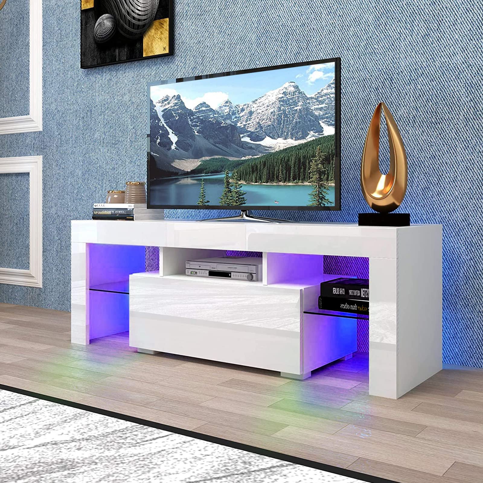 55 Inch TV Stand with LED Lights - Modern High Gloss Entertainment Center with Storage Shelves & Drawer - White Media Console for Living Room & Bedroom - Perfect for Movie Nights & Home Theater Setup