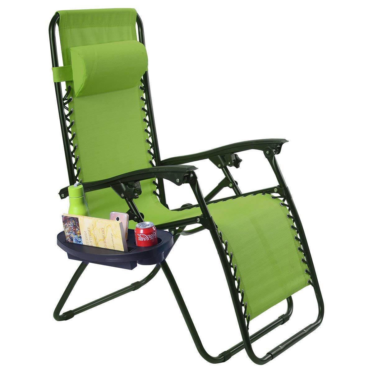 Adjustable Zero Gravity Folding Lounge Chair with Cup Holder & Headrest - Outdoor Recliner for Pool, Patio, Garden, Backyard Relaxation - Comfortable Green Reclining Patio Chair for Sunbathing, Reading & Napping