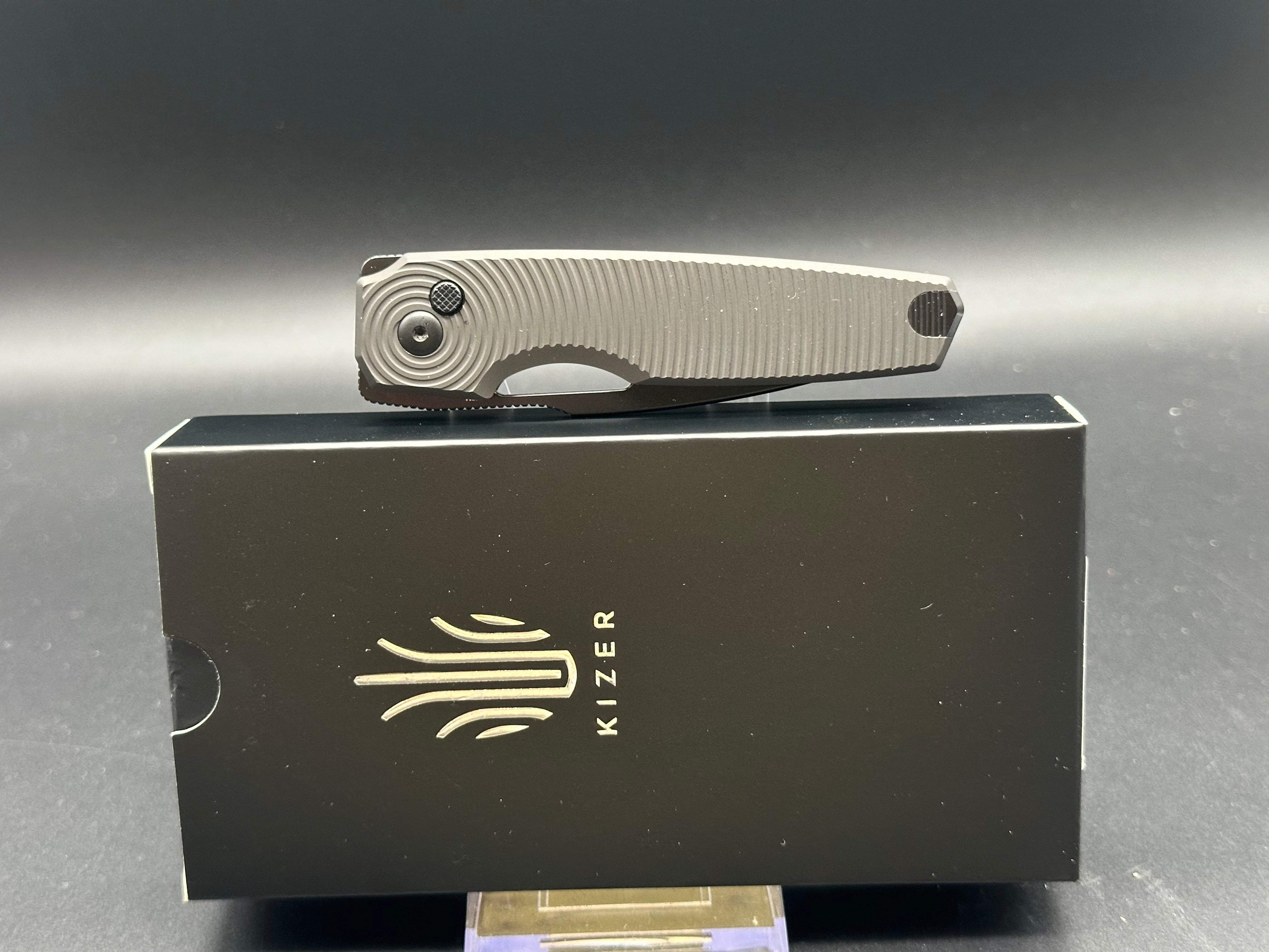 KIZER DOGFISH Button Lock Folding Knife - Black Aluminum Handle - EDC Pocket Knife for Camping, Hiking & Outdoor Activities