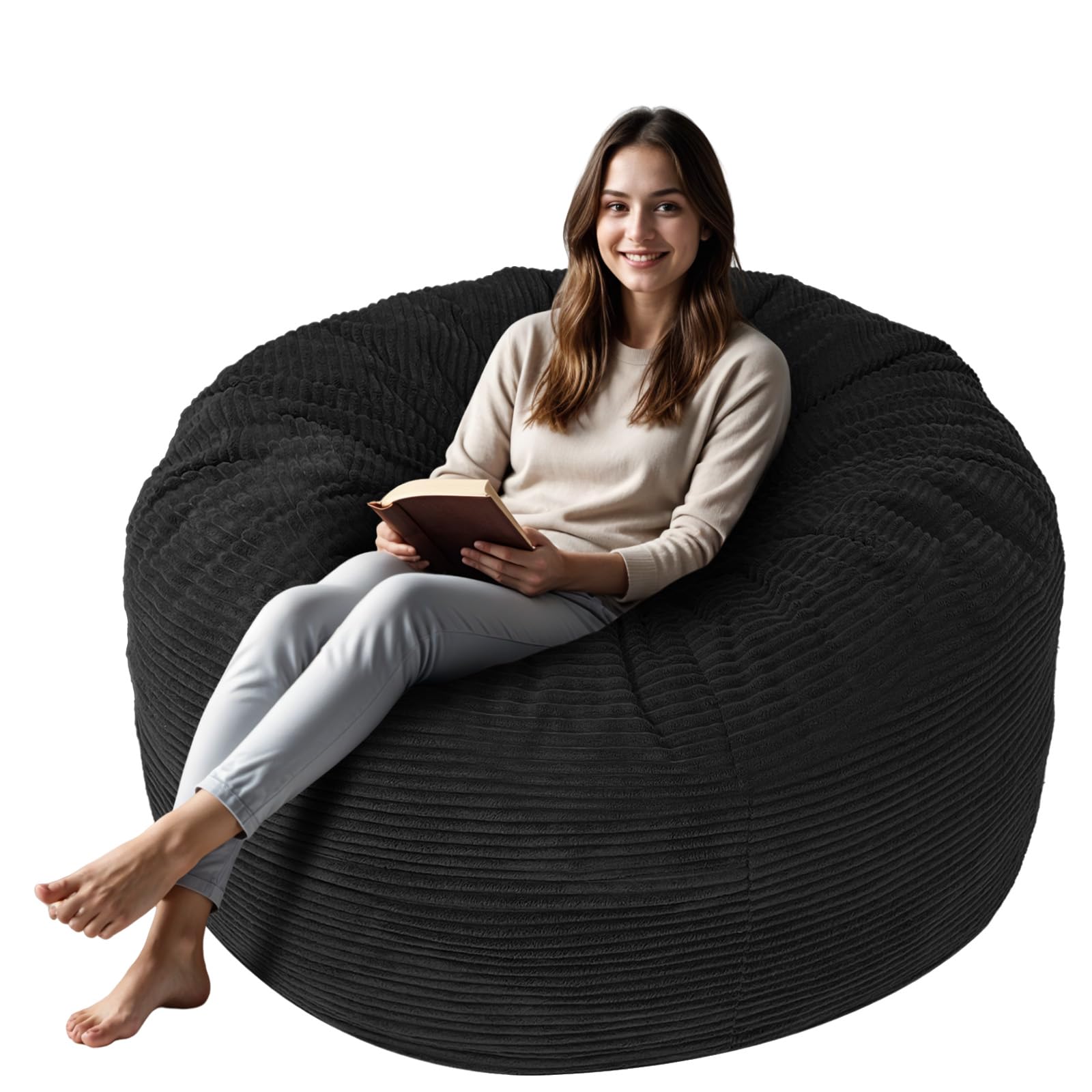 4FT Giant Bean Bag Chair for Adults - Plush Microfiber Removable Cover with Memory Foam - Oversized Comfortable Sofa Chair for Reading, Gaming & Relaxation - Perfect for Living Room, Bedroom & Game Room (Black)