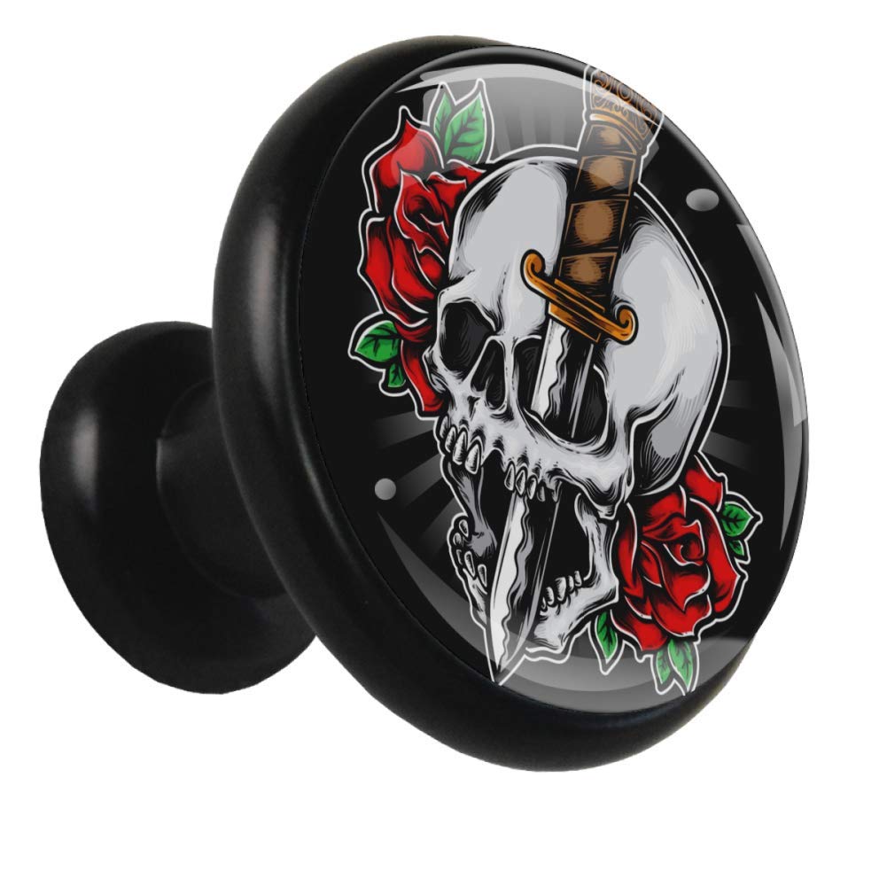 Skull Dagger H1 Black 4 Drawer Knobs - Metal & Glass Surface with Fluorescent Pattern - Cabinet Handles for Dresser, Cupboard & Kitchen Furniture - Perfect for Gothic Home Decor & Halloween Themed Interiors