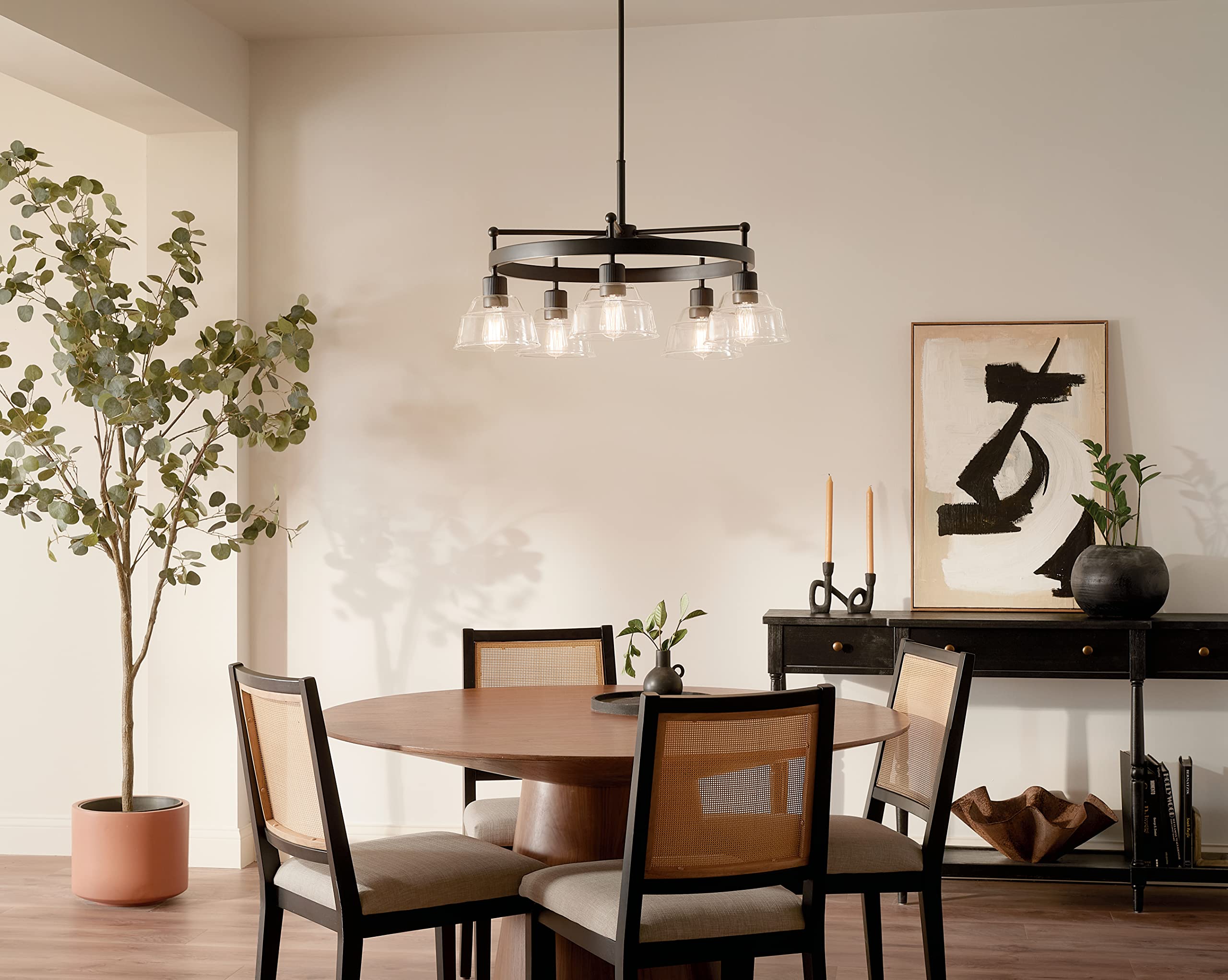 Kichler Eastmont 5-Light Black Chandelier with Clear Glass Shades - Modern Ceiling Fixture for Dining Room, Bedroom, or Living Room Lighting (Model 52403)