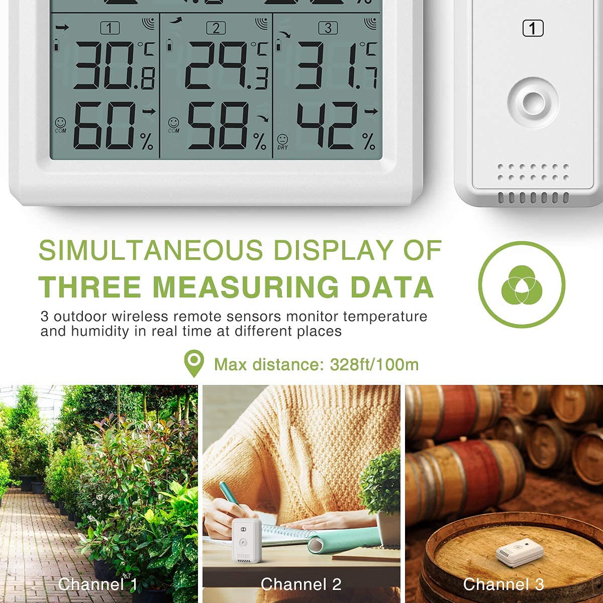 KeeKit Wireless Digital Hygrometer Thermometer with 3 Sensors - Indoor Outdoor Temperature Humidity Monitor with LCD Backlight, Min/Max Records - Perfect for Home, Office, Restaurant, Bar, Cafe, Greenhouse & Wine Cellar