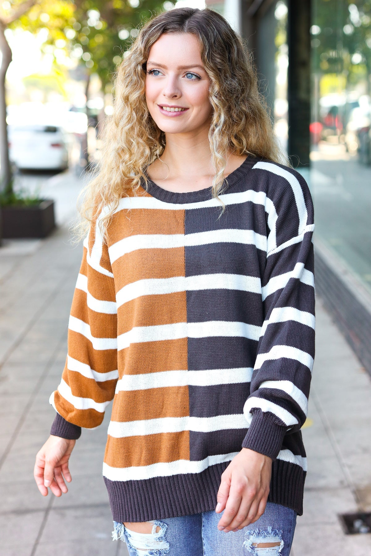 Camel & Charcoal Striped Color Block Sweater for Women | Cozy Knit Pullover | Fall Winter Fashion | Casual Office Wear & Weekend Outfits