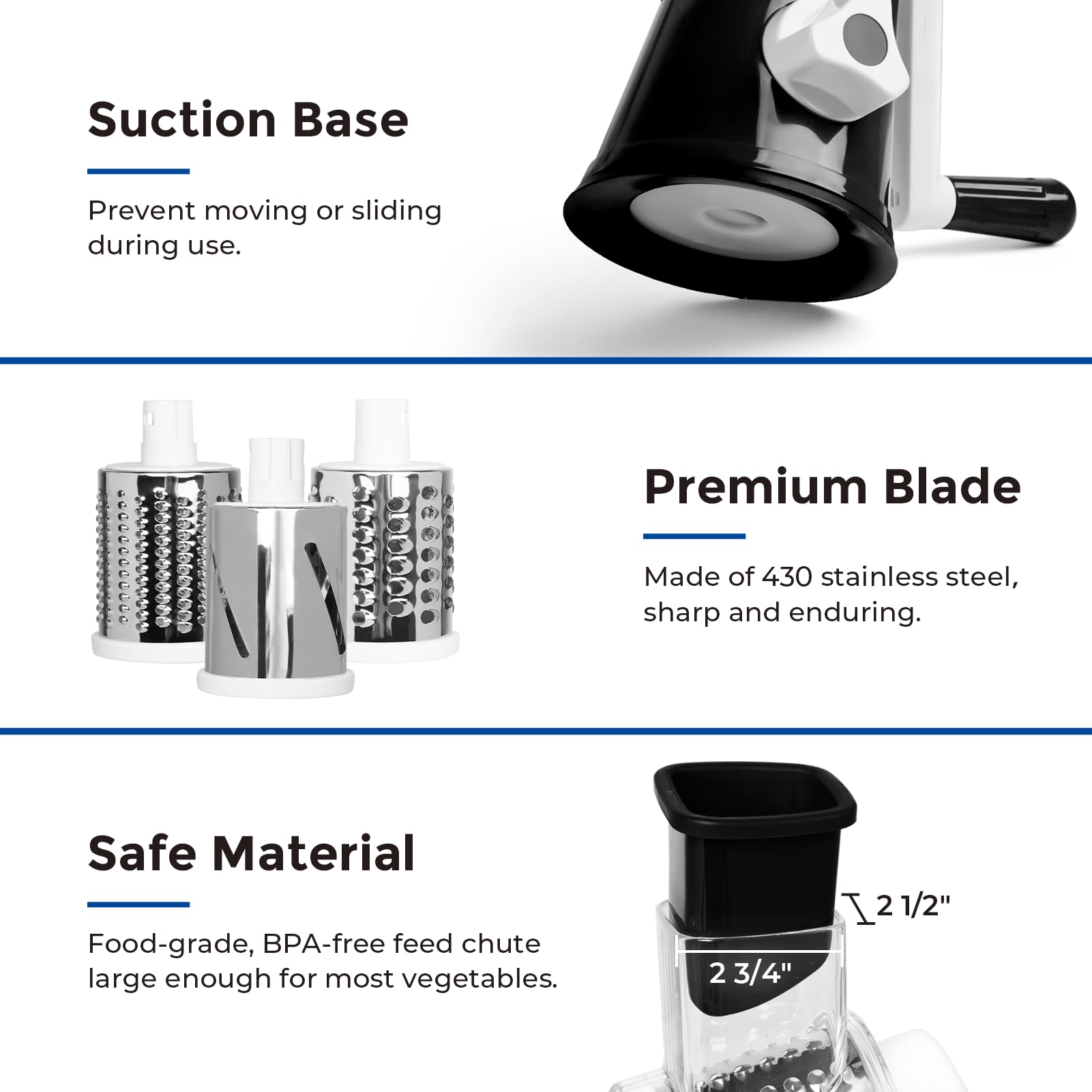 Premium Rotary Cheese Grater for Kitchen - 3 Interchangeable Blades Shredder with Ergonomic Handle & Strong Suction Base - Perfect for Cheese, Vegetables, Fruits, Nuts - Easy to Use & Clean - Ideal for Pizza Topping, Salad Prep & Baking (Black)