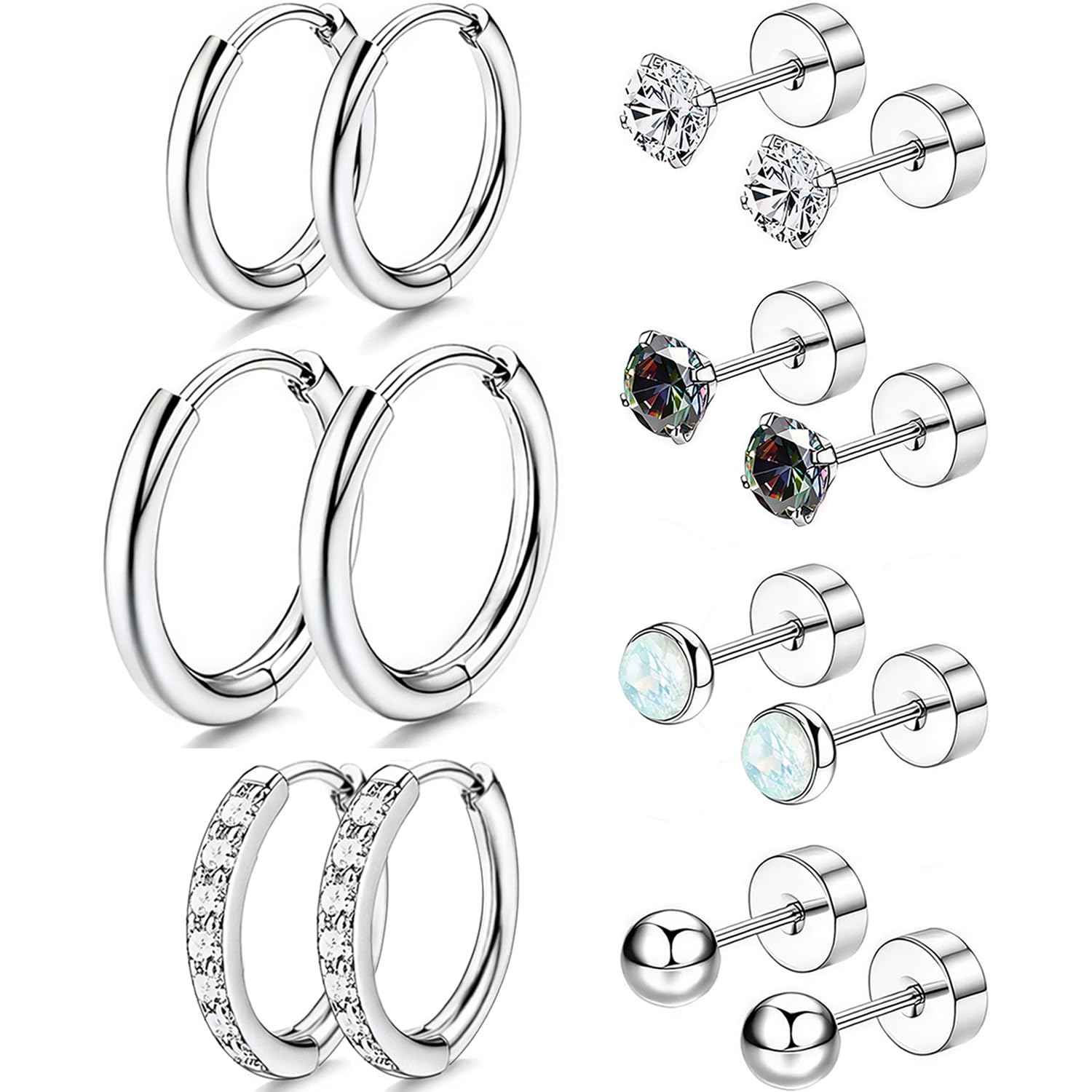 Hypoallergenic Surgical Steel Flat Back Earrings Set for Sensitive Ears - Cartilage Huggie Hoop & CZ Opal Stud Earrings for Women & Men | Perfect for Multiple Piercings, Daily Wear & Gifts